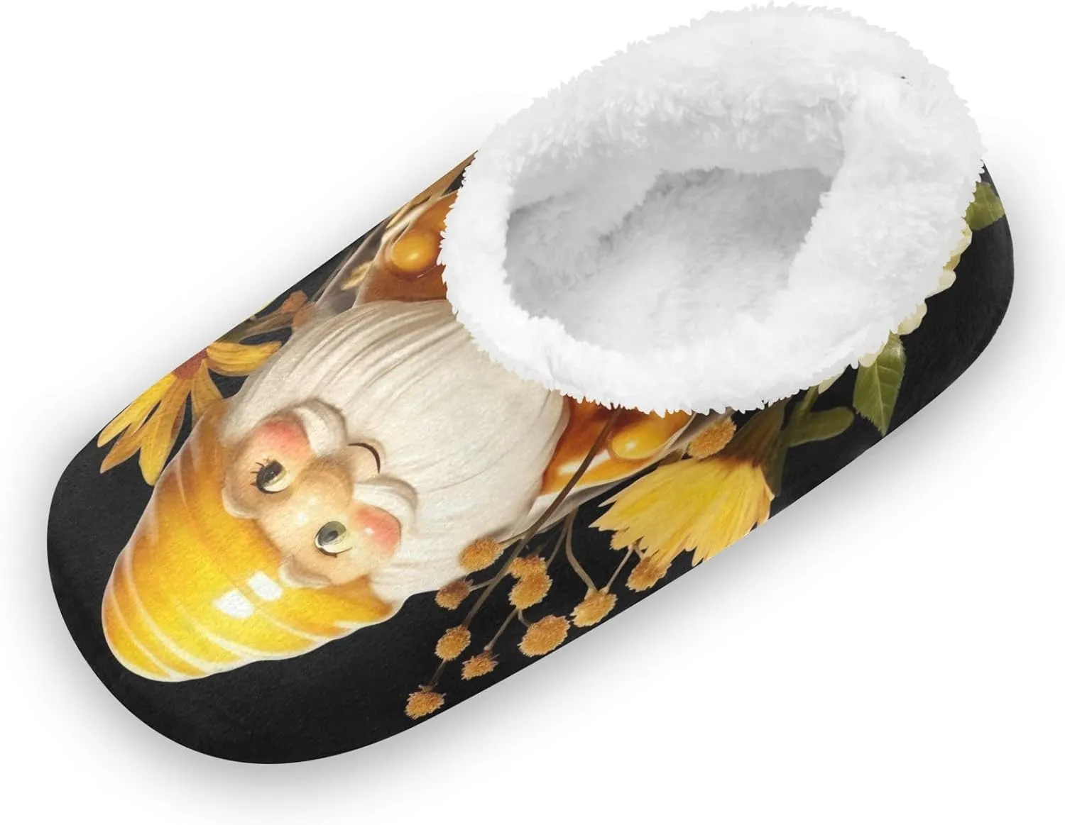 Honey Gnome Flowers House Slippers for Women Guest Non-Slip Soft Fluffy Slippers Gripper Socks