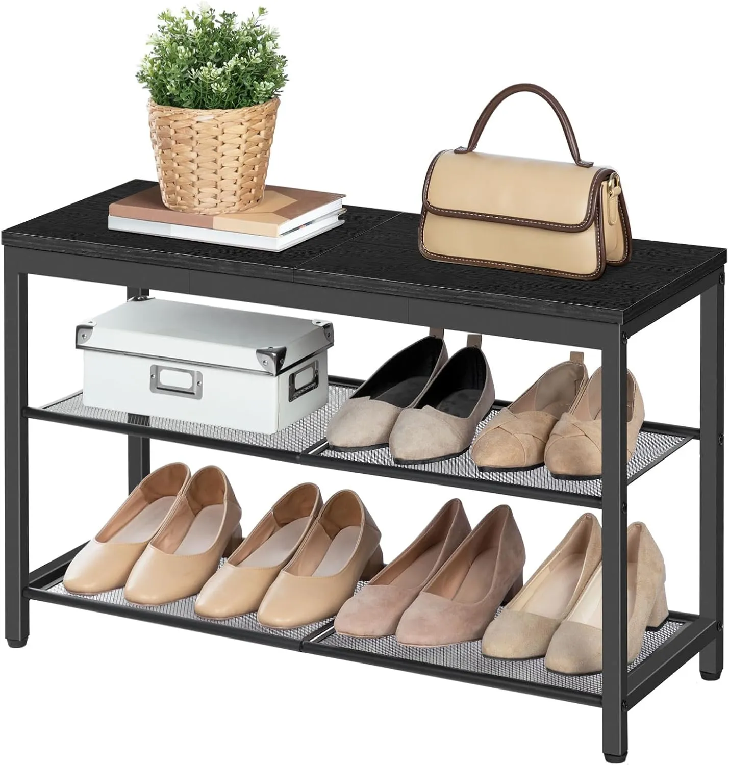 HOOBRO Shoe Bench, 3-Tier Shoe Rack, Industrial Shoe Organizer Storage Bench, 29.5 inches Entry Bench with Mesh Shelves, for Entryway, Living Room, Hallway, Easy Assembly, Black BB75HX01