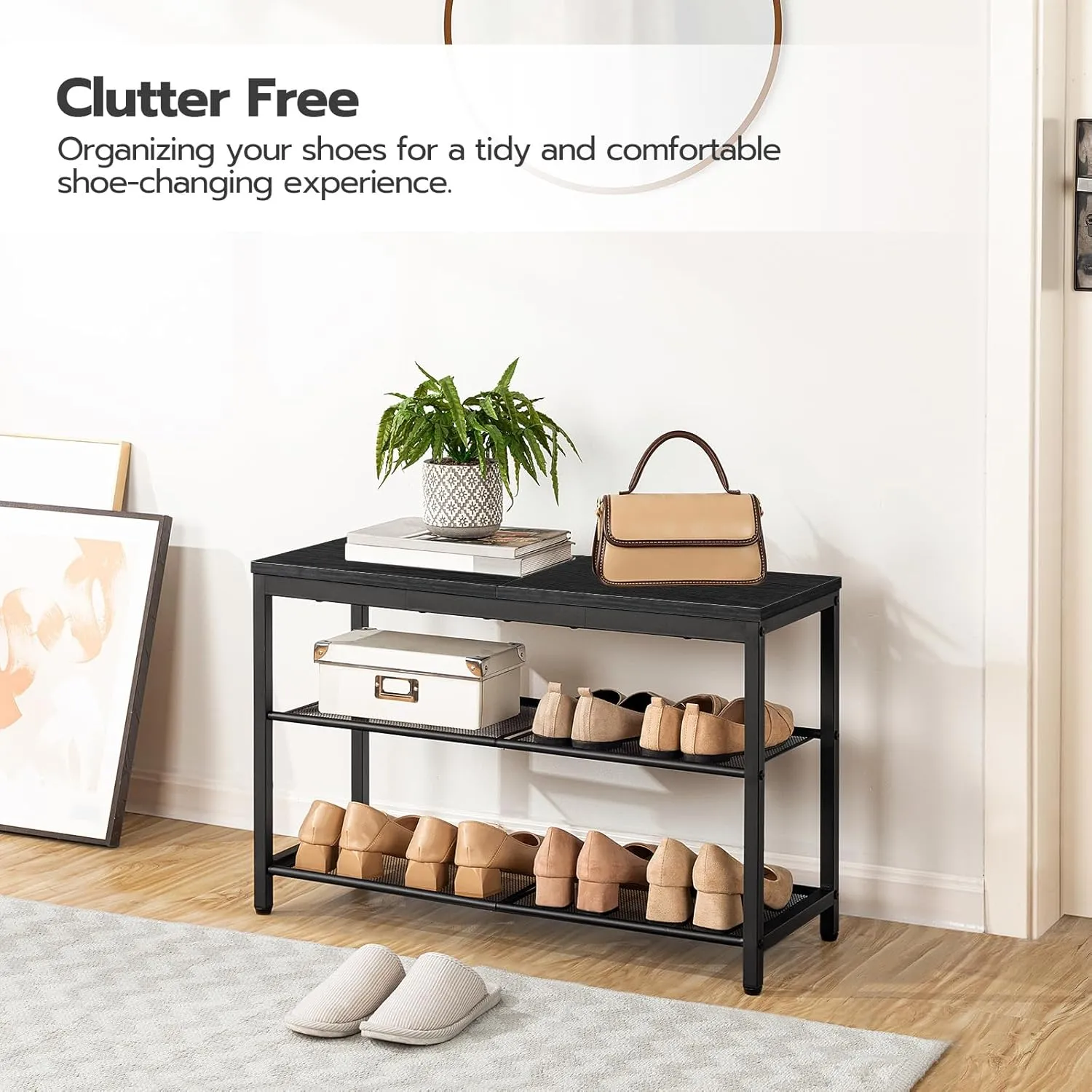 HOOBRO Shoe Bench, 3-Tier Shoe Rack, Industrial Shoe Organizer Storage Bench, 29.5 inches Entry Bench with Mesh Shelves, for Entryway, Living Room, Hallway, Easy Assembly, Black BB75HX01