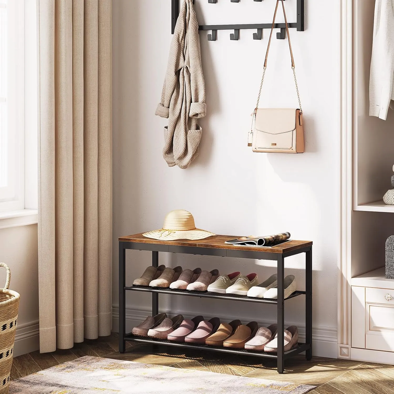 HOOBRO Shoe Bench, 3-Tier Shoe Rack, Industrial Shoe Organizer Storage Bench, 29.5 inches Entry Bench with Mesh Shelves, for Entryway, Living Room, Hallway, Easy Assembly, Rustic Brown BF75HX01