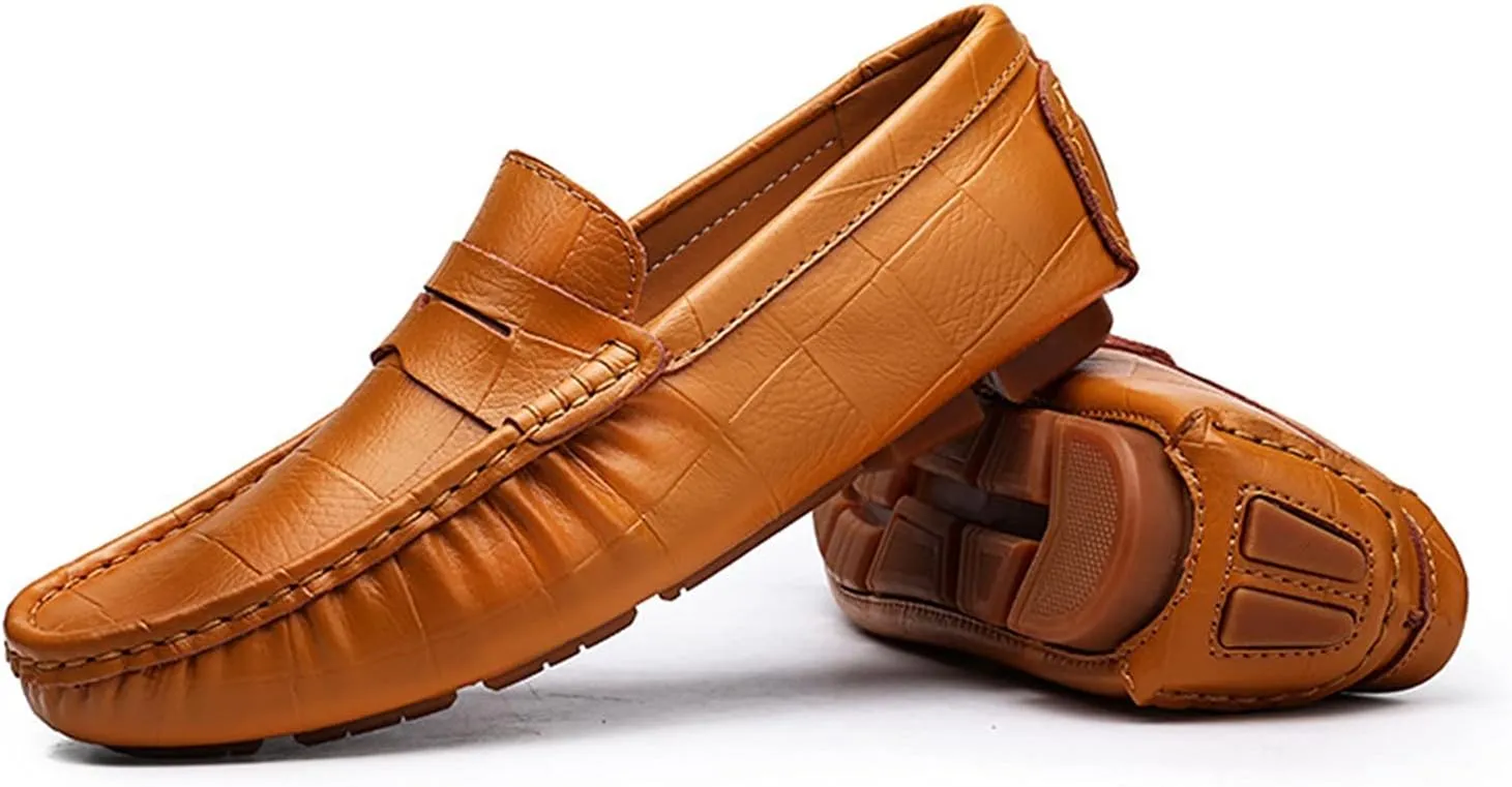 HOOENG Driving Moccasins for Men Round Toe Faux Crocodile Leather Penny Loafer Soft Comfortable Flexible Flat Heel Driving Slip on