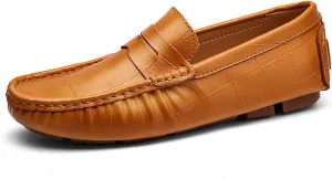 HOOENG Driving Moccasins for Men Round Toe Faux Crocodile Leather Penny Loafer Soft Comfortable Flexible Flat Heel Driving Slip on
