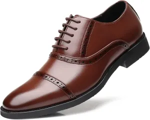 HOOENG Oxford Shoes for Men Lace Up Cap Toe Round Burnished Toe Vegan Leather Slip Resistant Anti-Slip Non Slip Block Heel Rubber Sole Classic (Color : Brown, Size : 8)
