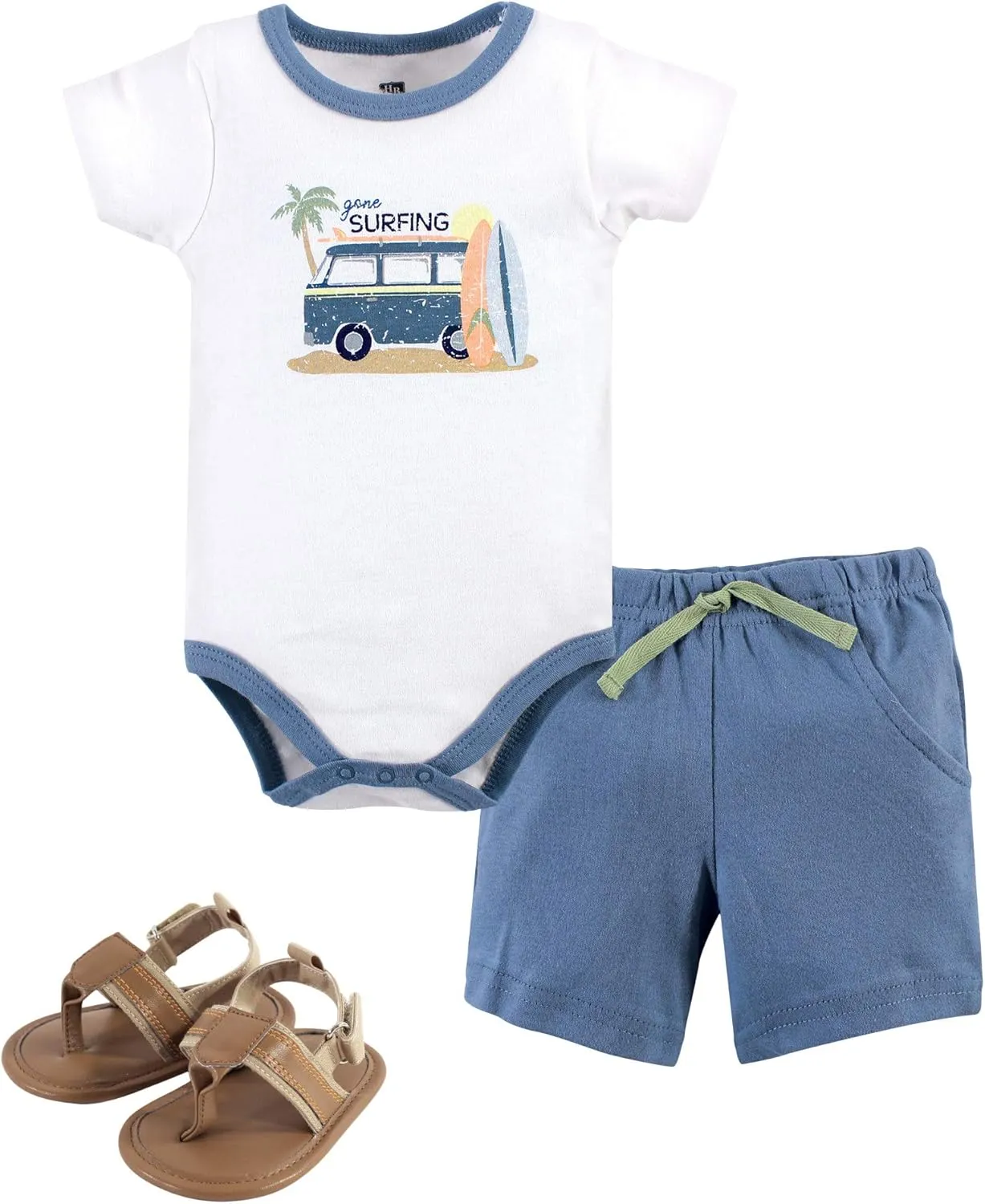 Hudson Baby Unisex Baby Cotton Bodysuit, Shorts and Shoe Set