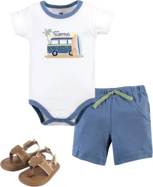 Hudson Baby Unisex Baby Cotton Bodysuit, Shorts and Shoe Set