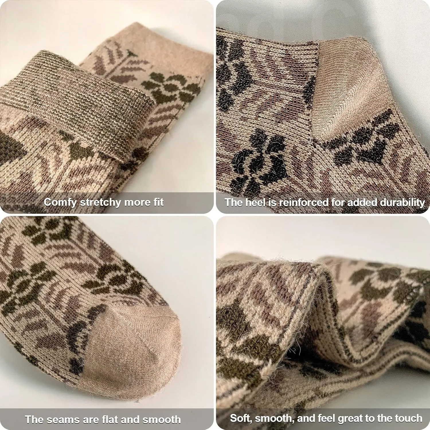 IIG 5 Pairs Womens Pretty Vintage Wool Socks Unique Print Design Soft Cozy Warm Crew Socks Christmas Gift