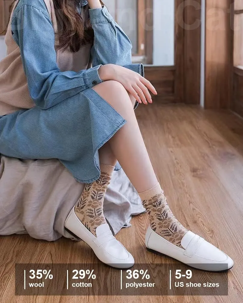 IIG 5 Pairs Womens Pretty Vintage Wool Socks Unique Print Design Soft Cozy Warm Crew Socks Christmas Gift