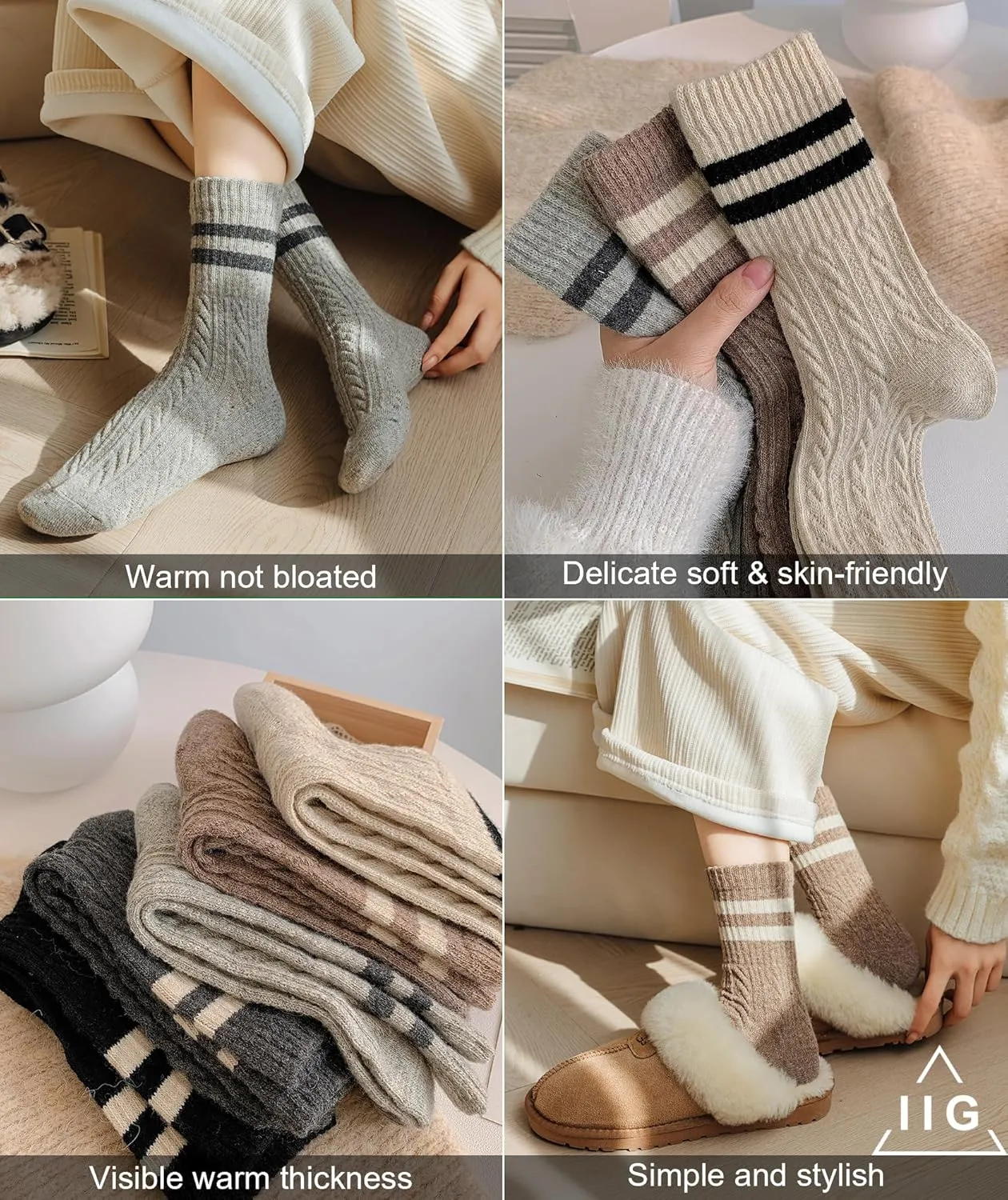 IIG 5 Pairs Women's Vintage Style Thick Wool Warm Winter Crew Socks