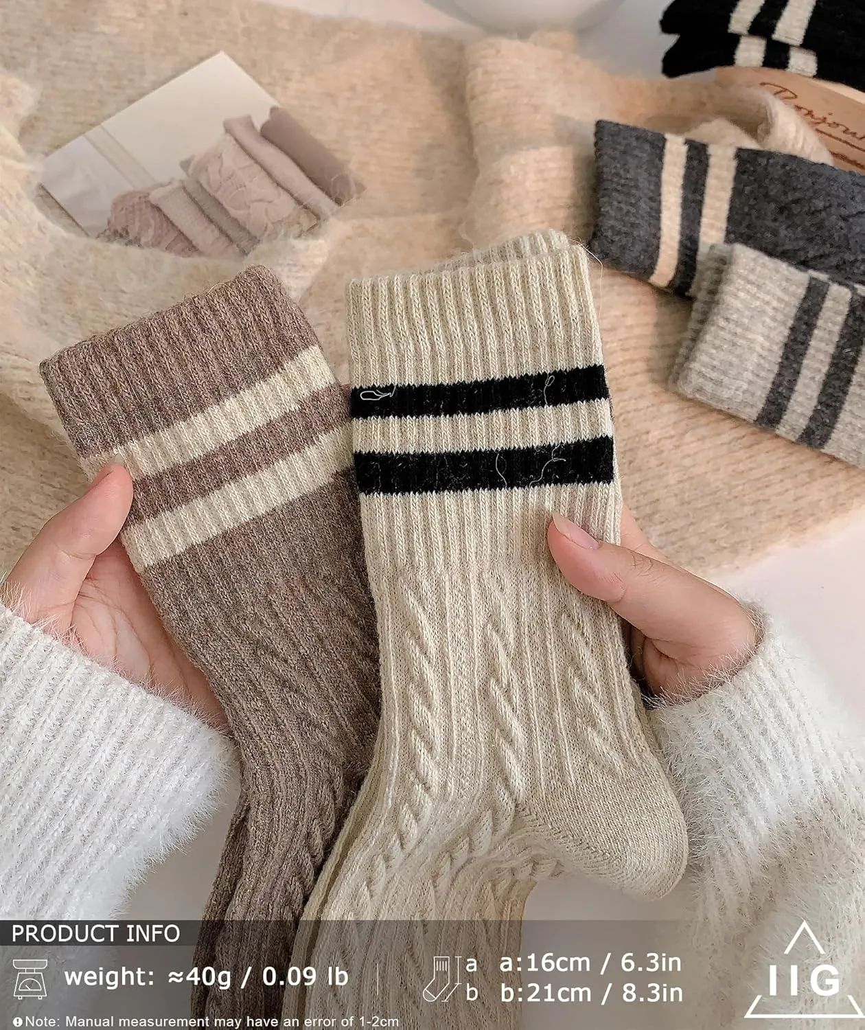 IIG 5 Pairs Women's Vintage Style Thick Wool Warm Winter Crew Socks