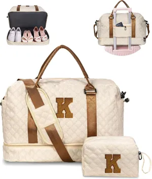Initial Duffle Bag with Shoe Compartment, Personalized Weekender Bag, Monogram Overnight Bag for Women with Trolley Sleeve & Wet Pocket, Letter Travel Bag with Makeup Bag (Letter K)