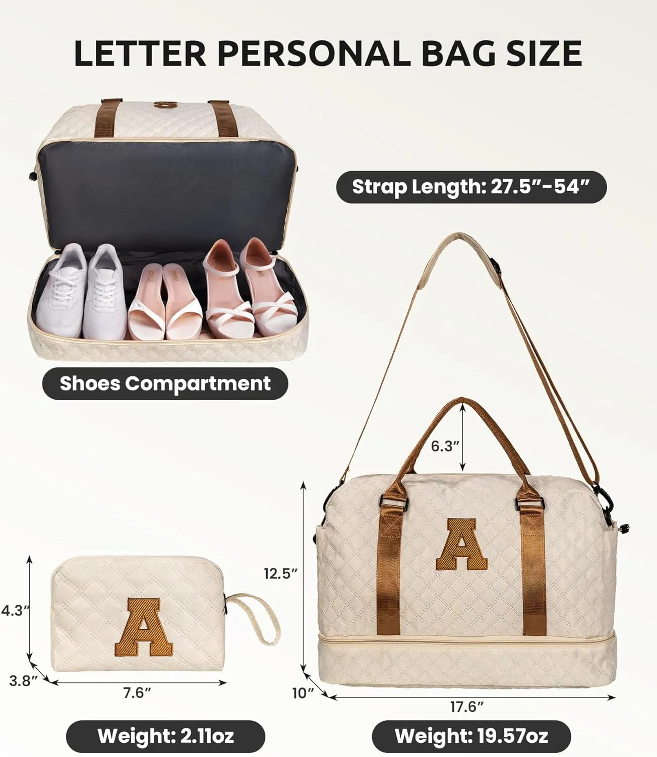 Initial Duffle Bag with Shoe Compartment, Personalized Weekender Bag, Monogram Overnight Bag for Women with Trolley Sleeve & Wet Pocket, Letter Travel Bag with Makeup Bag (Letter K)