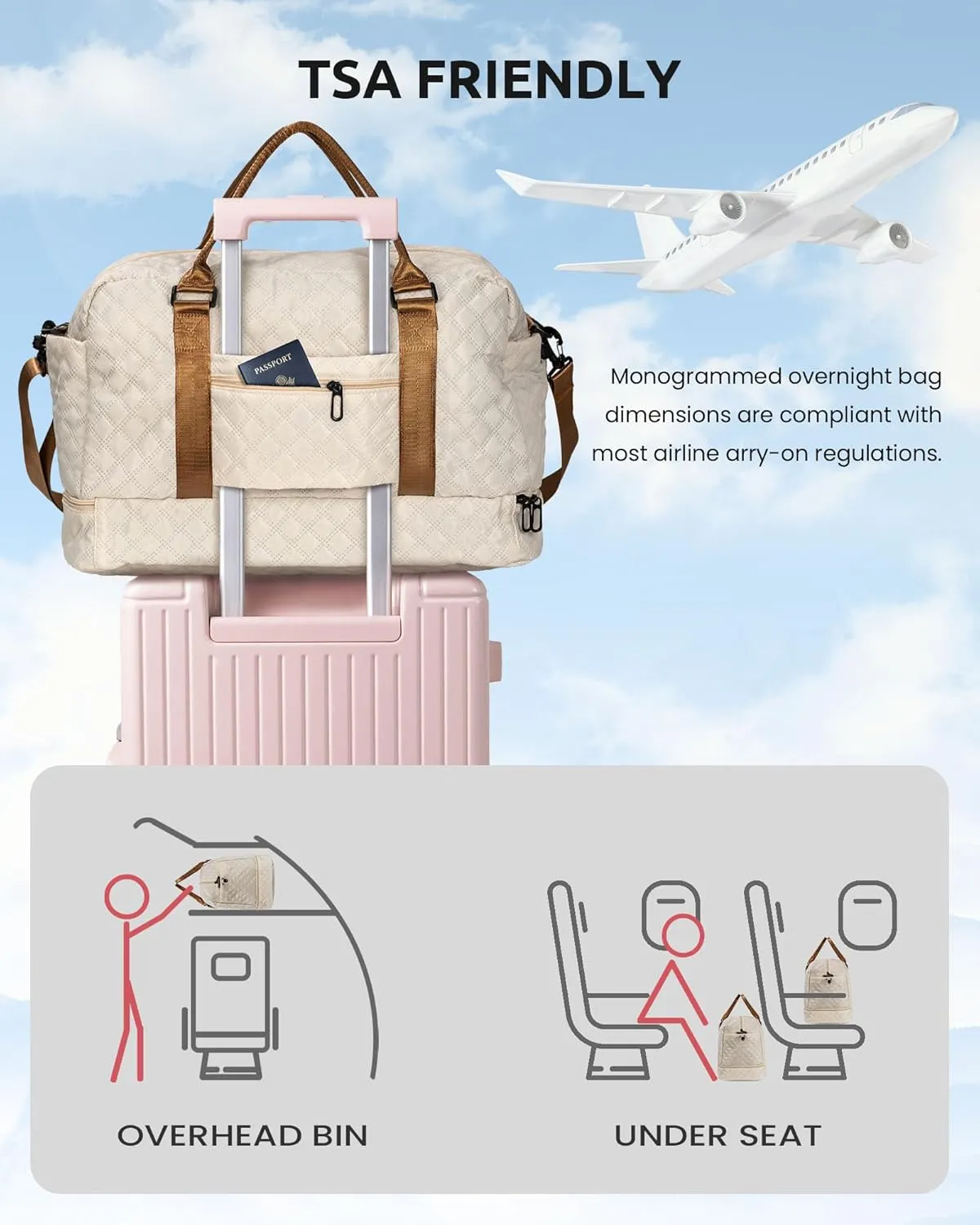 Initial Duffle Bag with Shoe Compartment, Personalized Weekender Bag, Monogram Overnight Bag for Women with Trolley Sleeve & Wet Pocket, Letter Travel Bag with Makeup Bag (Letter K)