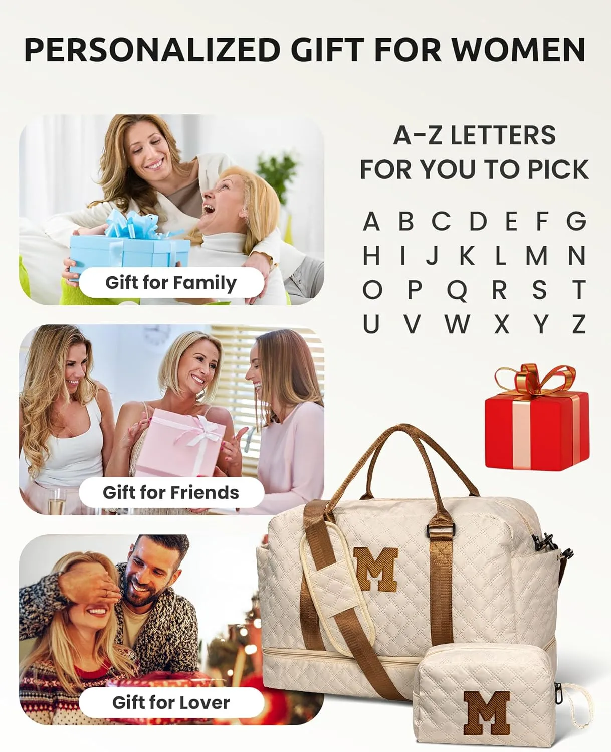 Initial Duffle Bag with Shoe Compartment, Personalized Weekender Bag, Monogram Overnight Bag for Women with Trolley Sleeve & Wet Pocket, Letter Travel Bag with Makeup Bag (Letter K)