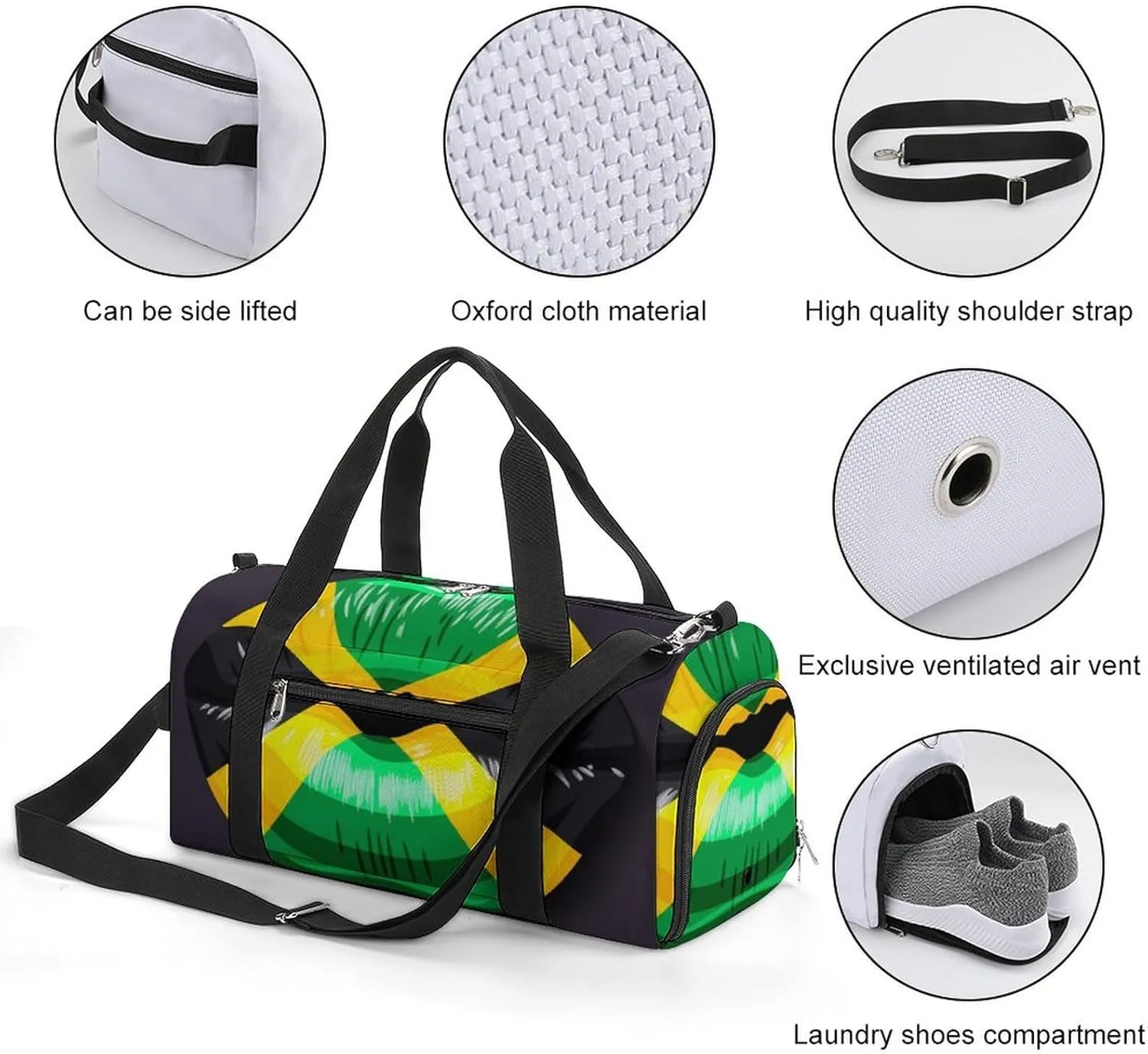 Jamaican Flag Lips Sports Duffel Bag with Waterproof Shoe Compartment for Gym and Travel