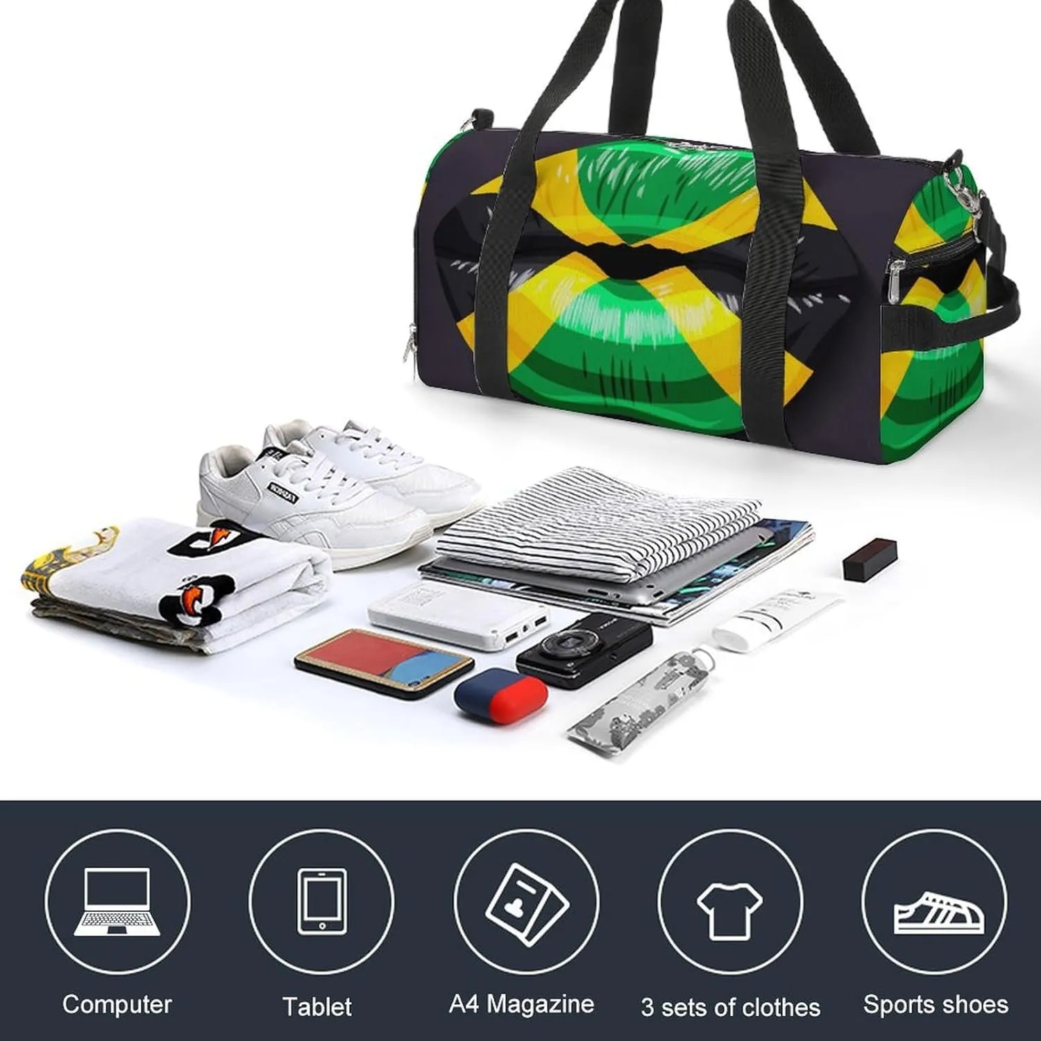 Jamaican Flag Lips Sports Duffel Bag with Waterproof Shoe Compartment for Gym and Travel
