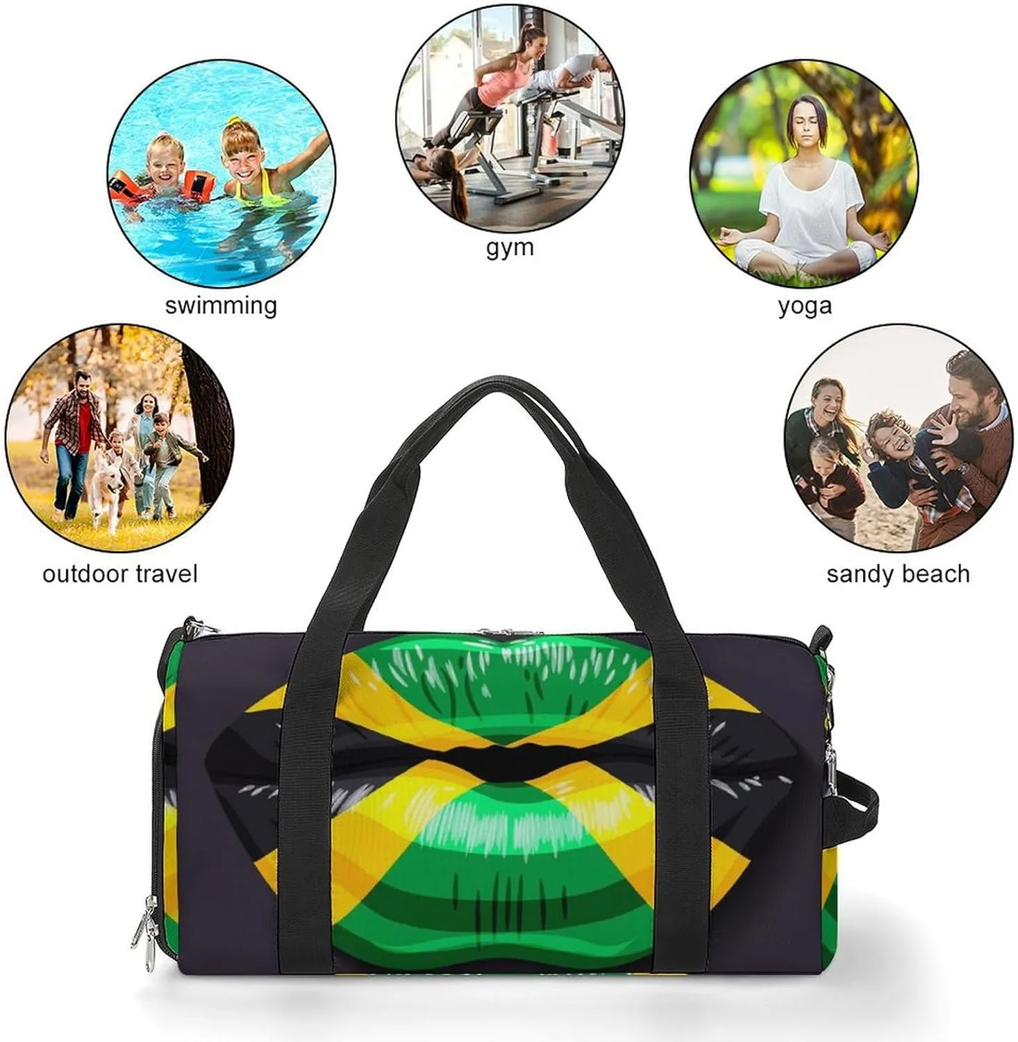 Jamaican Flag Lips Sports Duffel Bag with Waterproof Shoe Compartment for Gym and Travel