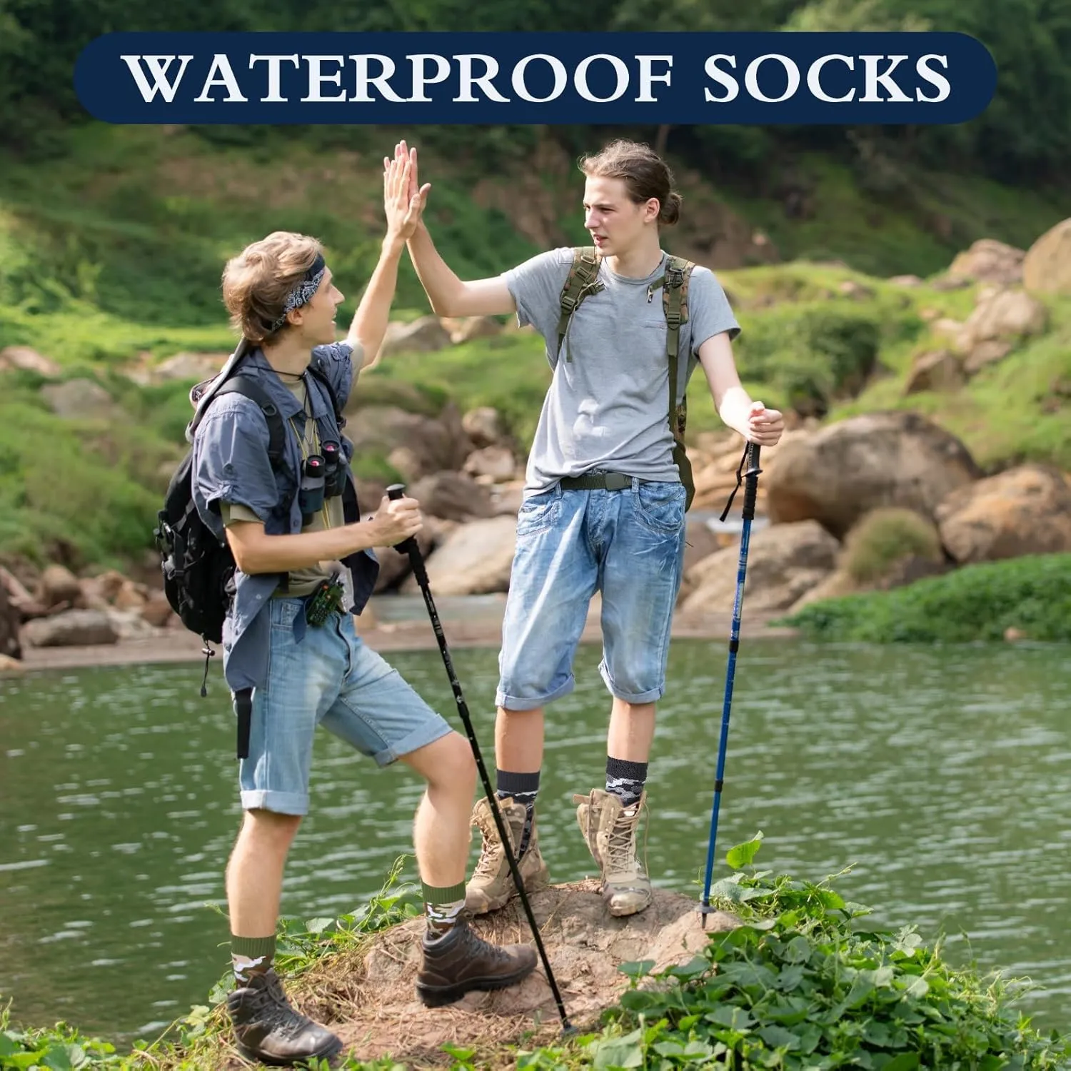 Jeyiour 2 Pairs Waterproof Socks Unisex Waterproof Breathable Outdoor Skiing Hiking Wading Fishing Socks for Men Women