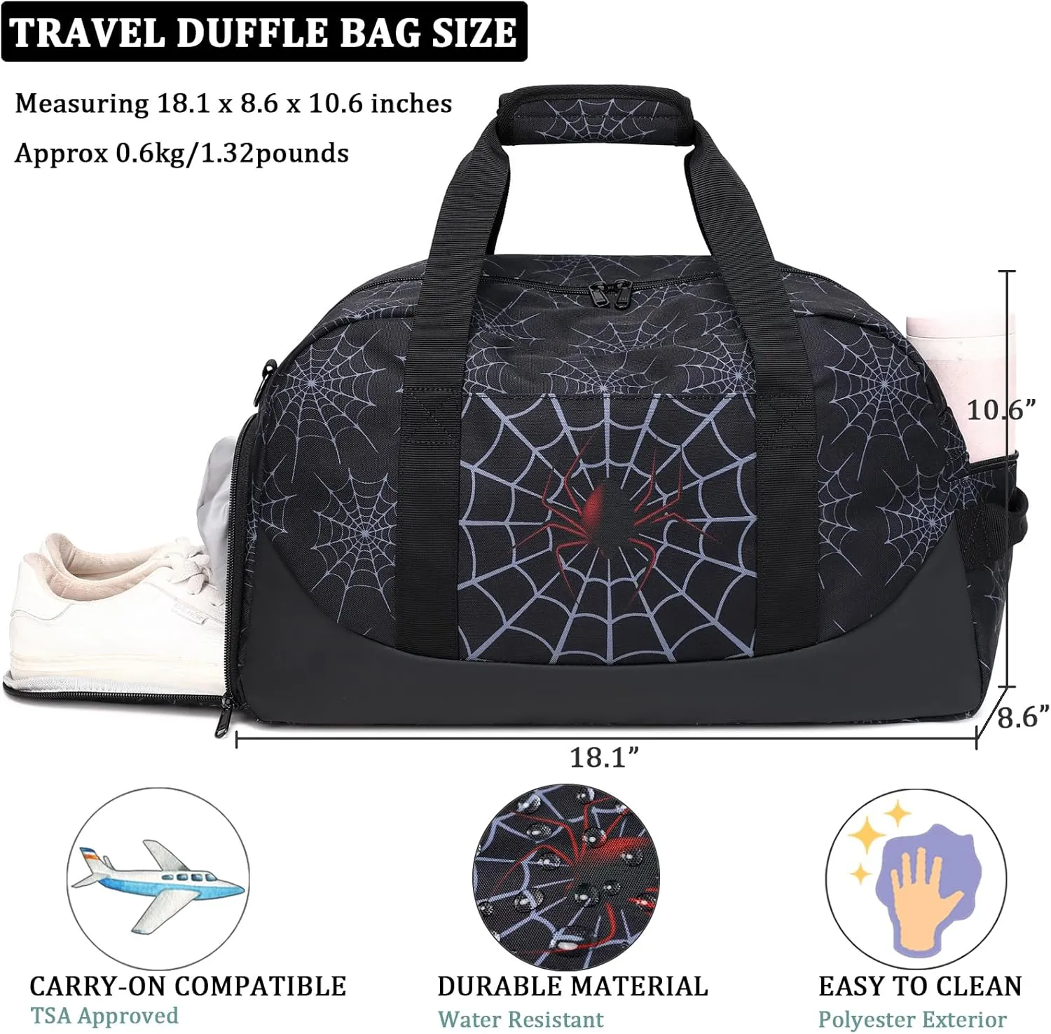 JIANYA Kids Overnight Duffle Bag Spider Sports Gym Bag with Shoe Compartment & Wet Pocket, Carry On Weekender Travel Bag, Black