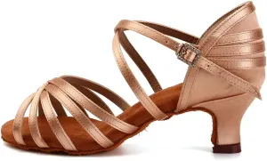JUODVMP Women's Salsa Tango Latin Ballroom Practice Dance Shoes Satin Braided Cross Straps Professional Dance Heels