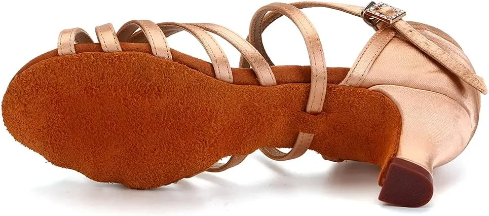 JUODVMP Women's Salsa Tango Latin Ballroom Practice Dance Shoes Satin Braided Cross Straps Professional Dance Heels