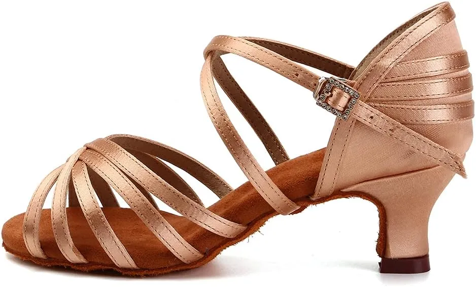 JUODVMP Women's Salsa Tango Latin Ballroom Practice Dance Shoes Satin Braided Cross Straps Professional Dance Heels