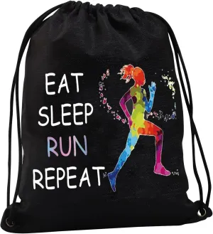 JYTAPP Runner Drawstring Bag Marathon Running Gifts Eat Sleep Run Repeat Drawstring Backpack Gifts for Runner, Athlete, Sprinter, Jogger, Cross Country & Track and Field, Black