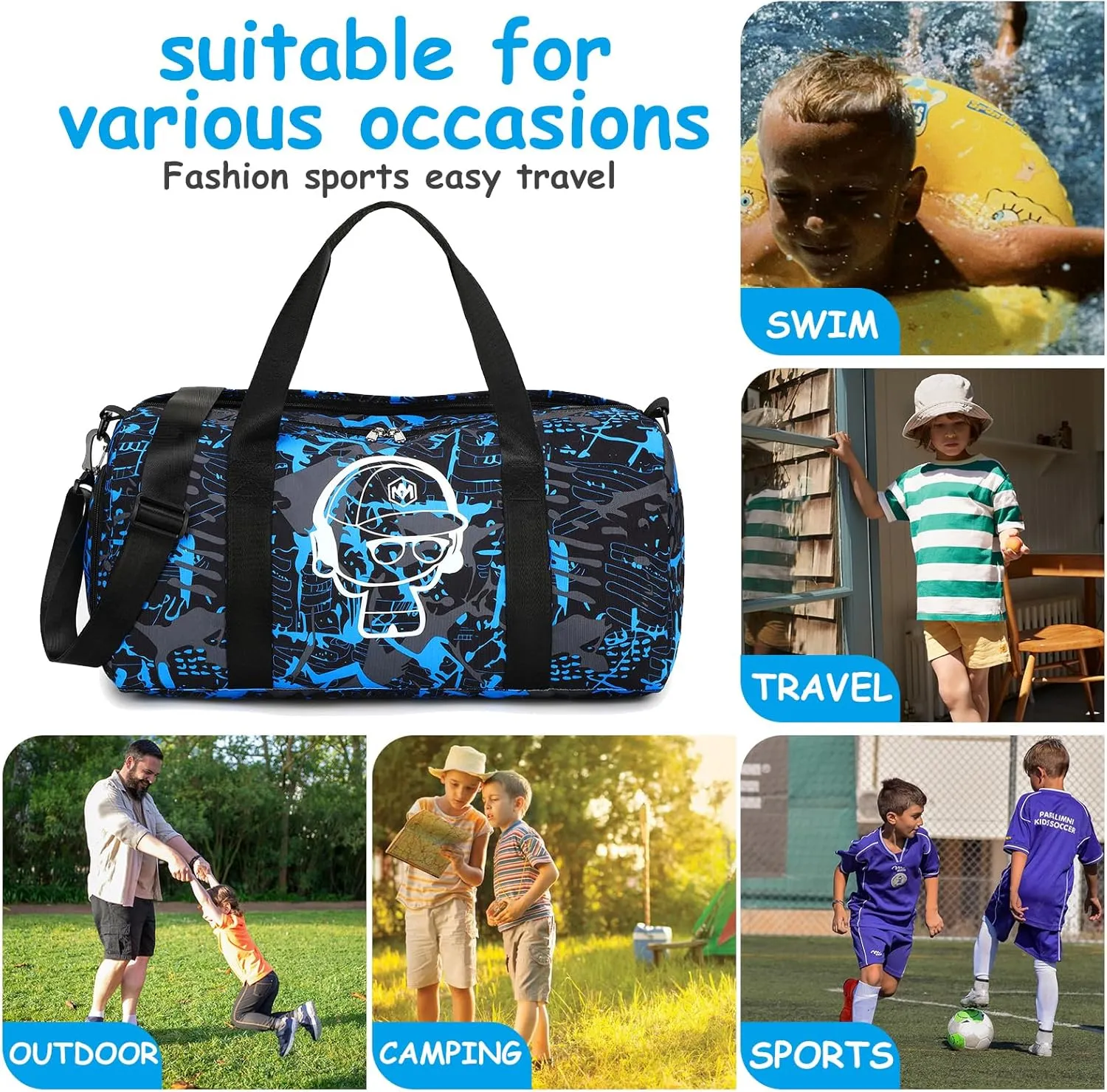 Kids Duffle Bag Boys Overnighter Travel Sport Gym Bag Weekender Carry On Shoulder Bag with Shoe Compartment & Wet Pocket