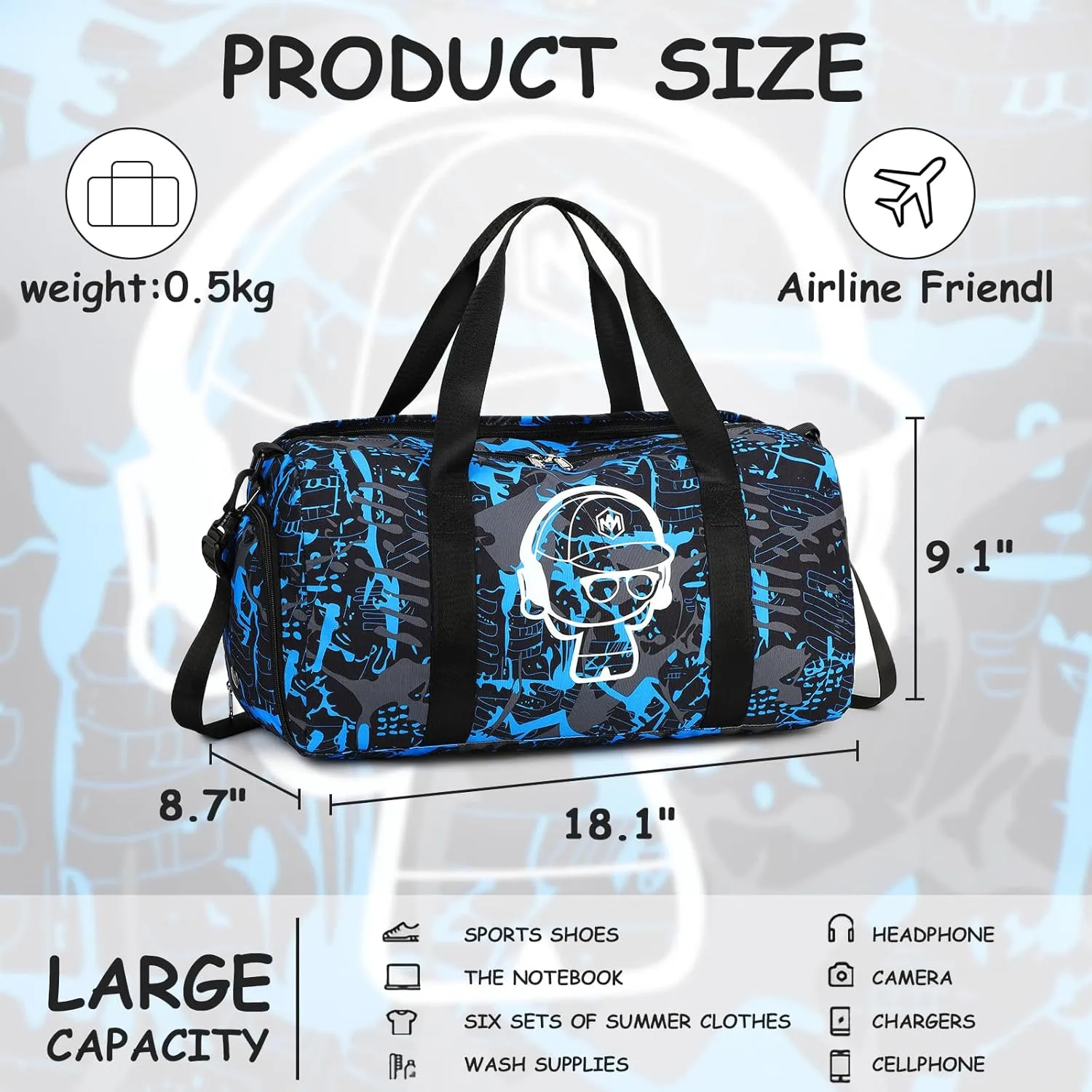 Kids Duffle Bag Boys Overnighter Travel Sport Gym Bag Weekender Carry On Shoulder Bag with Shoe Compartment & Wet Pocket