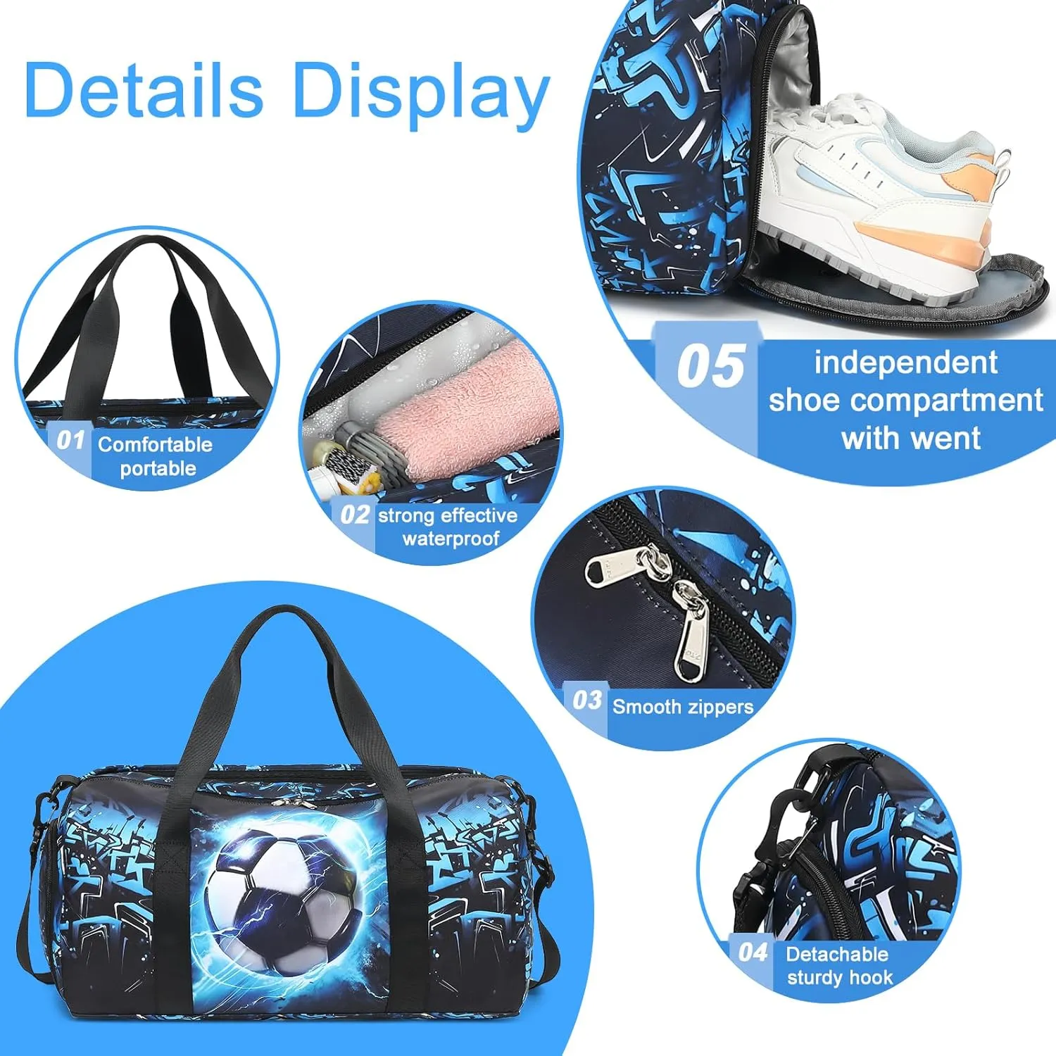 Kids Duffle Bag for Boys Water Resistant Small Gym Bag Overnight Weekender Travel Tote with Shoe Compartment and Wet Pocket