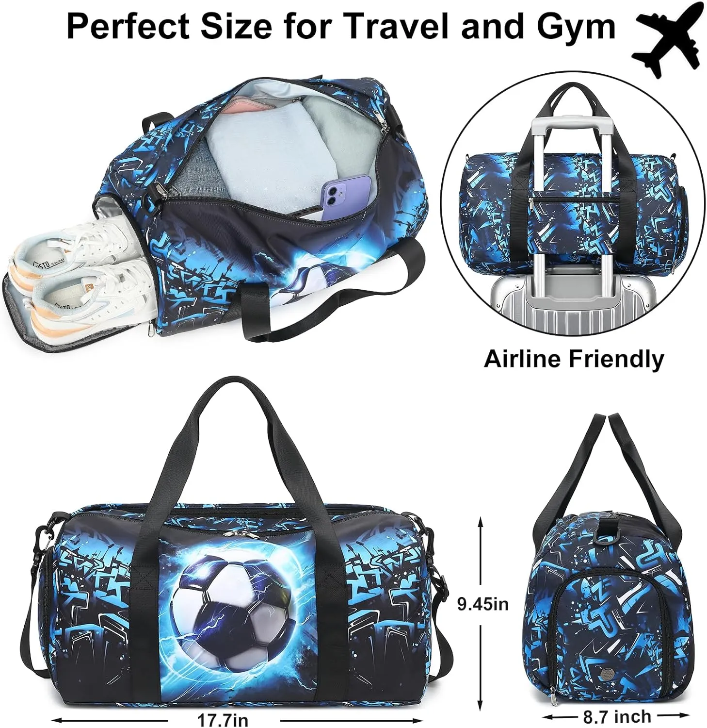 Kids Duffle Bag for Boys Water Resistant Small Gym Bag Overnight Weekender Travel Tote with Shoe Compartment and Wet Pocket