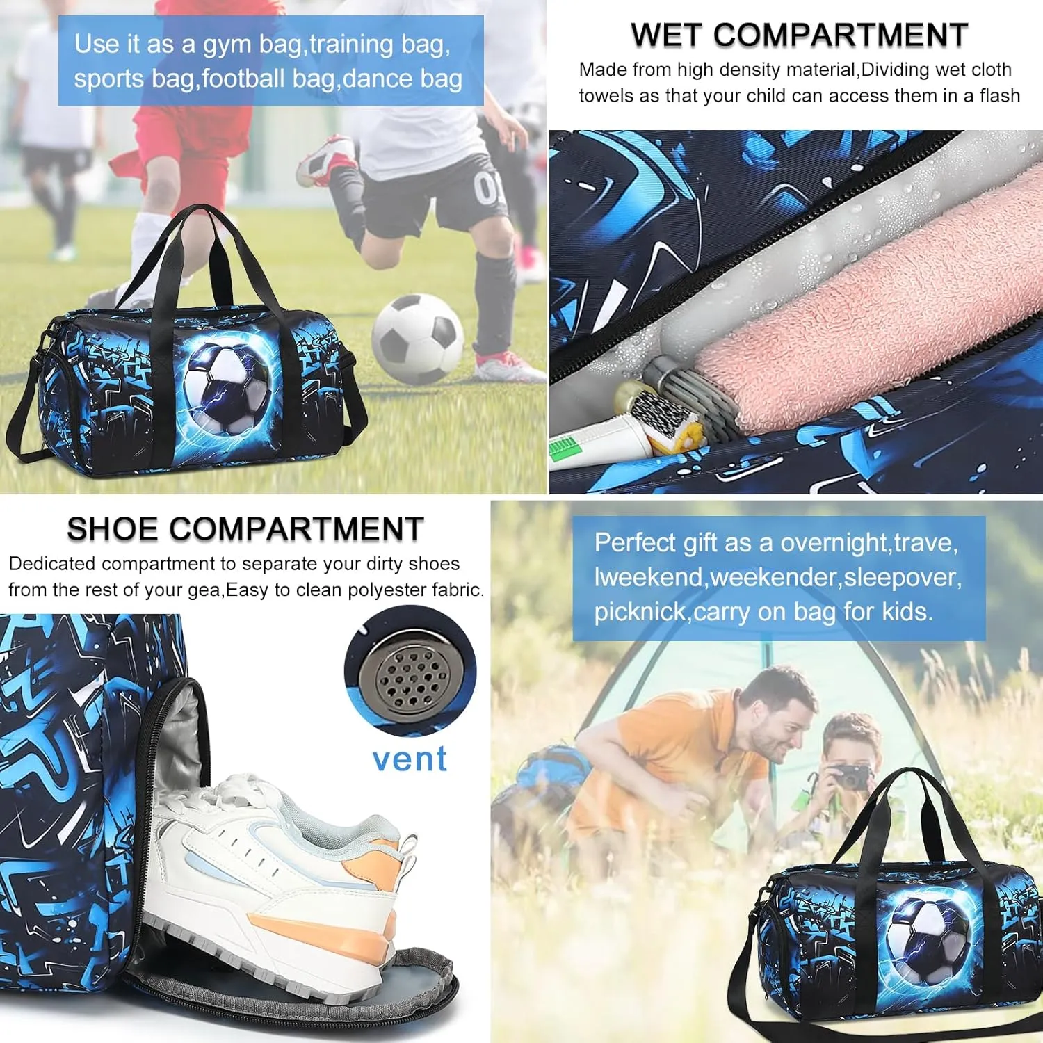 Kids Duffle Bag for Boys Water Resistant Small Gym Bag Overnight Weekender Travel Tote with Shoe Compartment and Wet Pocket