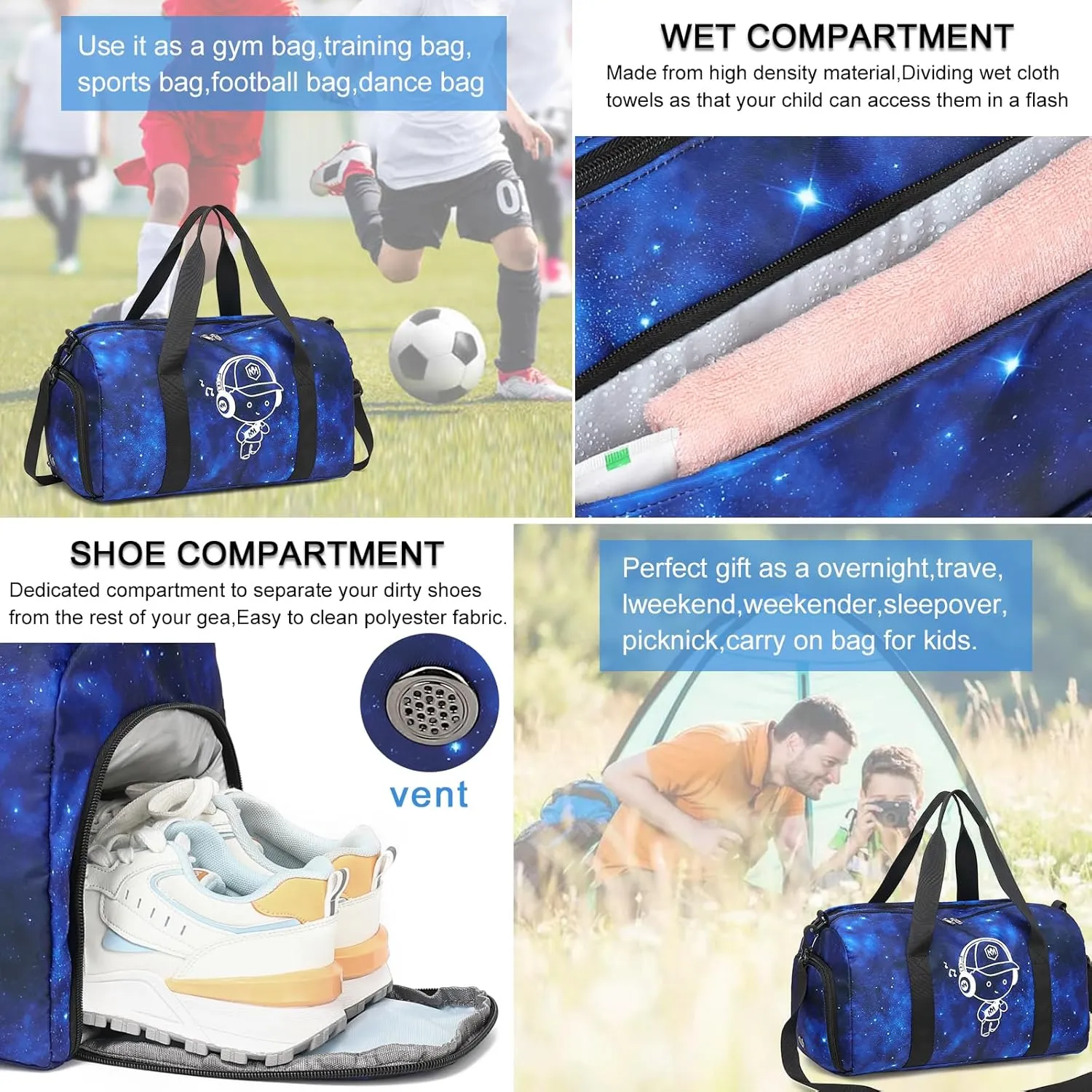 Kids Duffle Bag for Boys Water Resistant Small Gym Bag Overnight Weekender Travel Tote with Shoe Compartment and Wet Pocket