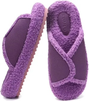 KUAILU Women Cozy Slippers Comfortable Suede Faux Fluff Warm Sherpa Lining House slippers for ladies Bedroom Memory Foam Cushioned Orthotic Open Toe Slides Thick Hard Sole Indoor&Outdoor (US Size 5-11)