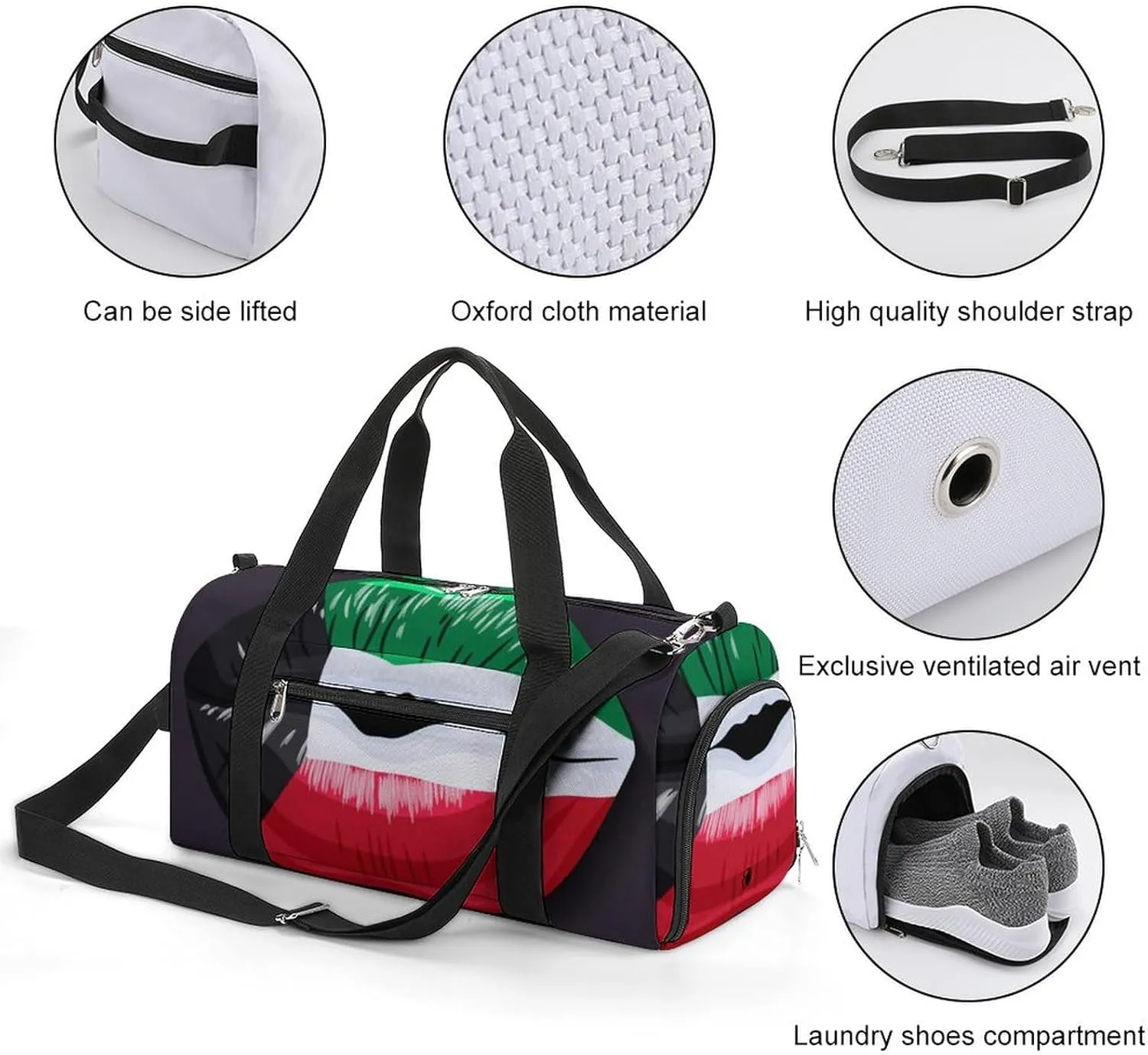 Kuwait Flag Lips Sports Duffel Bag with Waterproof Shoe Compartment for Gym and Travel