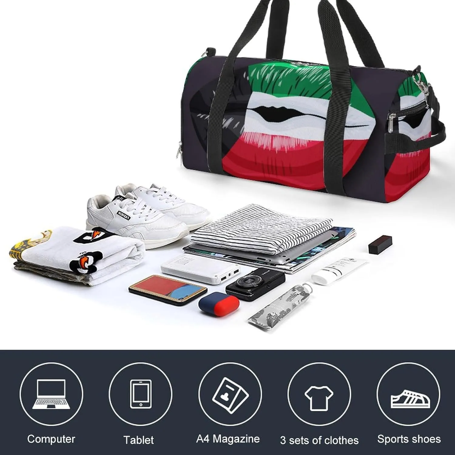 Kuwait Flag Lips Sports Duffel Bag with Waterproof Shoe Compartment for Gym and Travel
