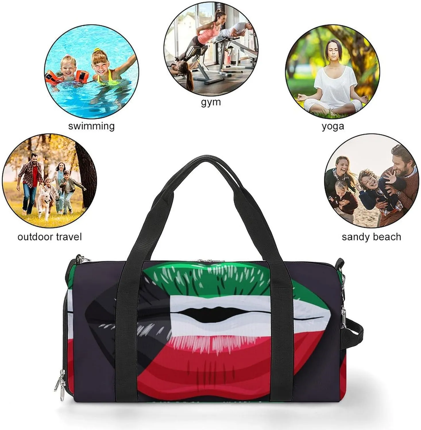 Kuwait Flag Lips Sports Duffel Bag with Waterproof Shoe Compartment for Gym and Travel