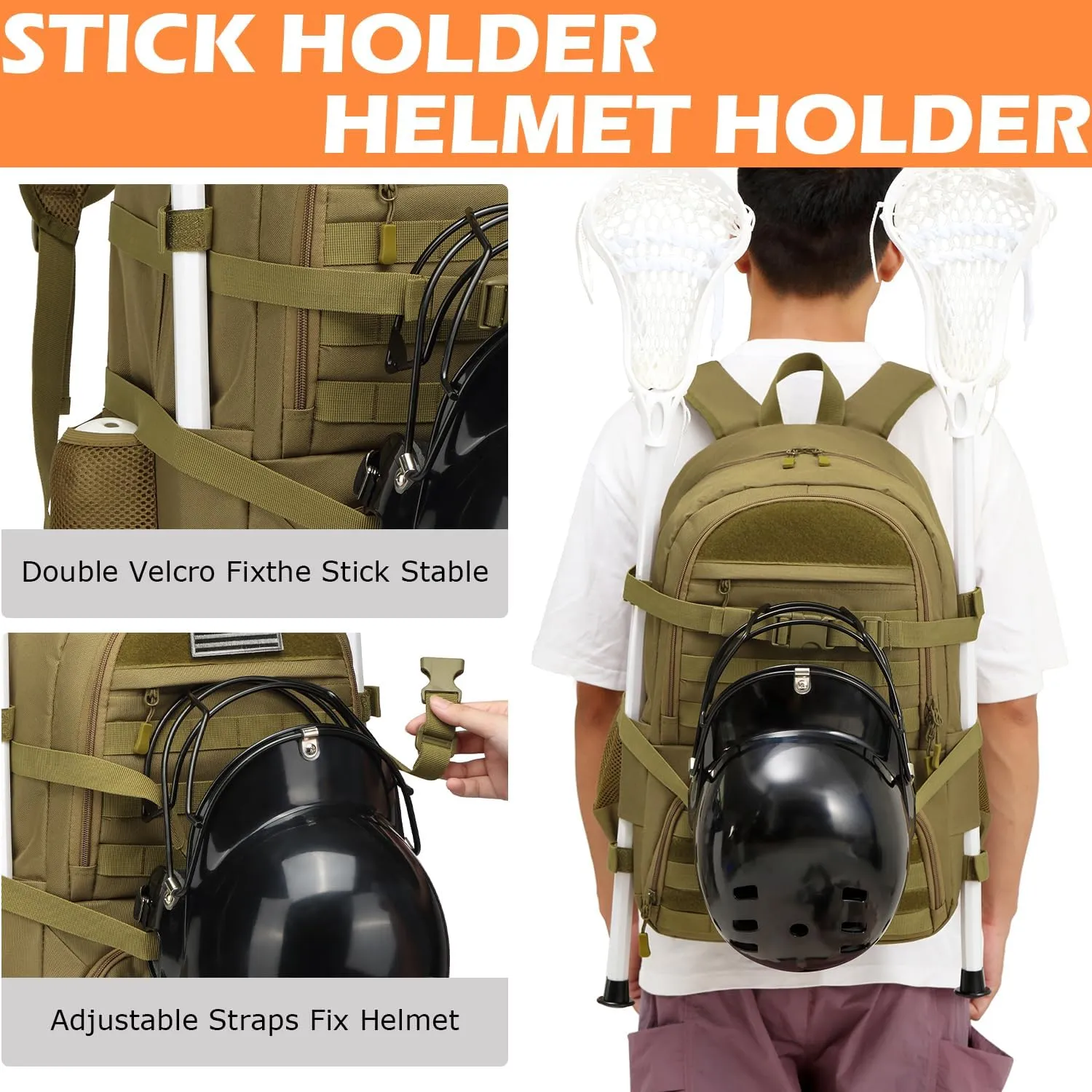 Lacrosse Bag with 2 Stick Holders Tactical Style Lacrosse Equipment Backpack for All Lacrosse or Field Hockey Gear
