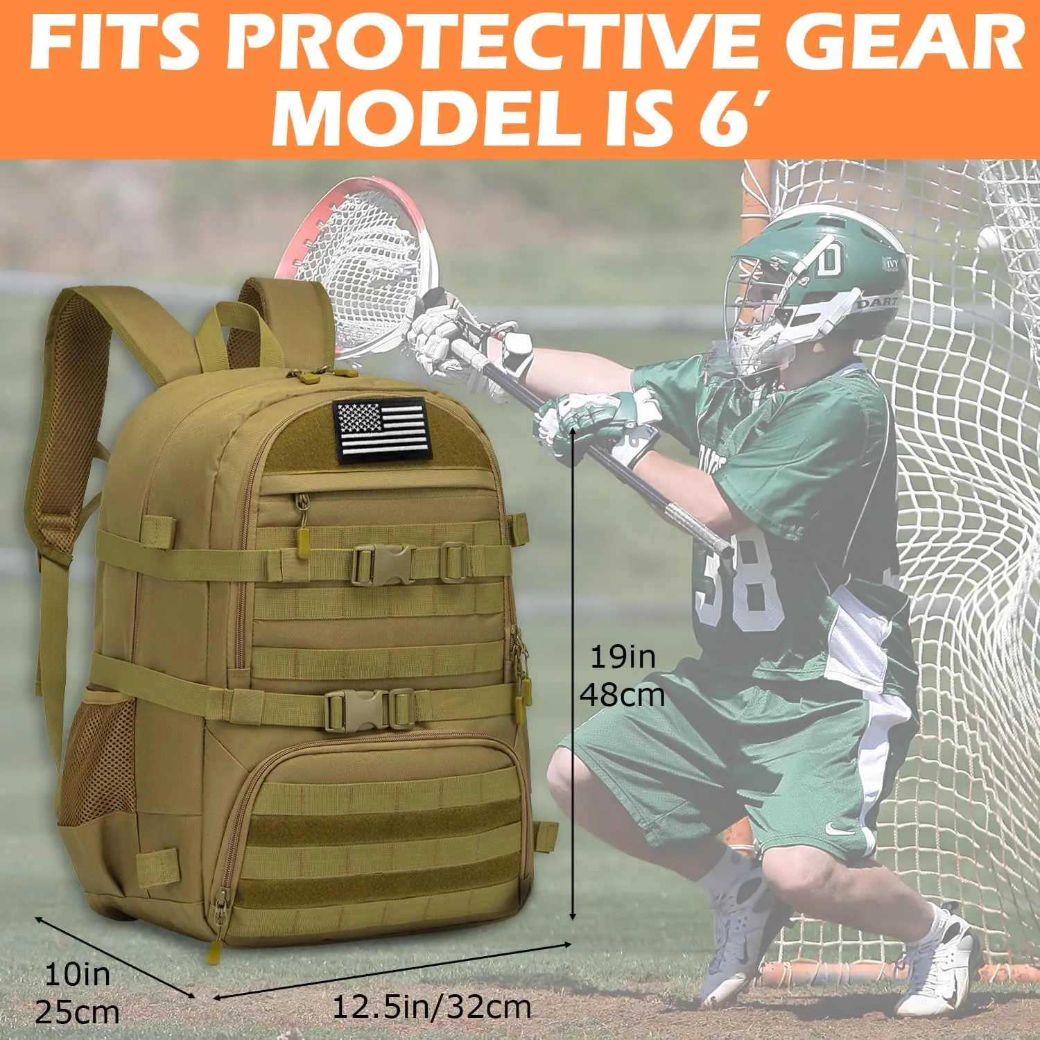 Lacrosse Bag with 2 Stick Holders Tactical Style Lacrosse Equipment Backpack for All Lacrosse or Field Hockey Gear