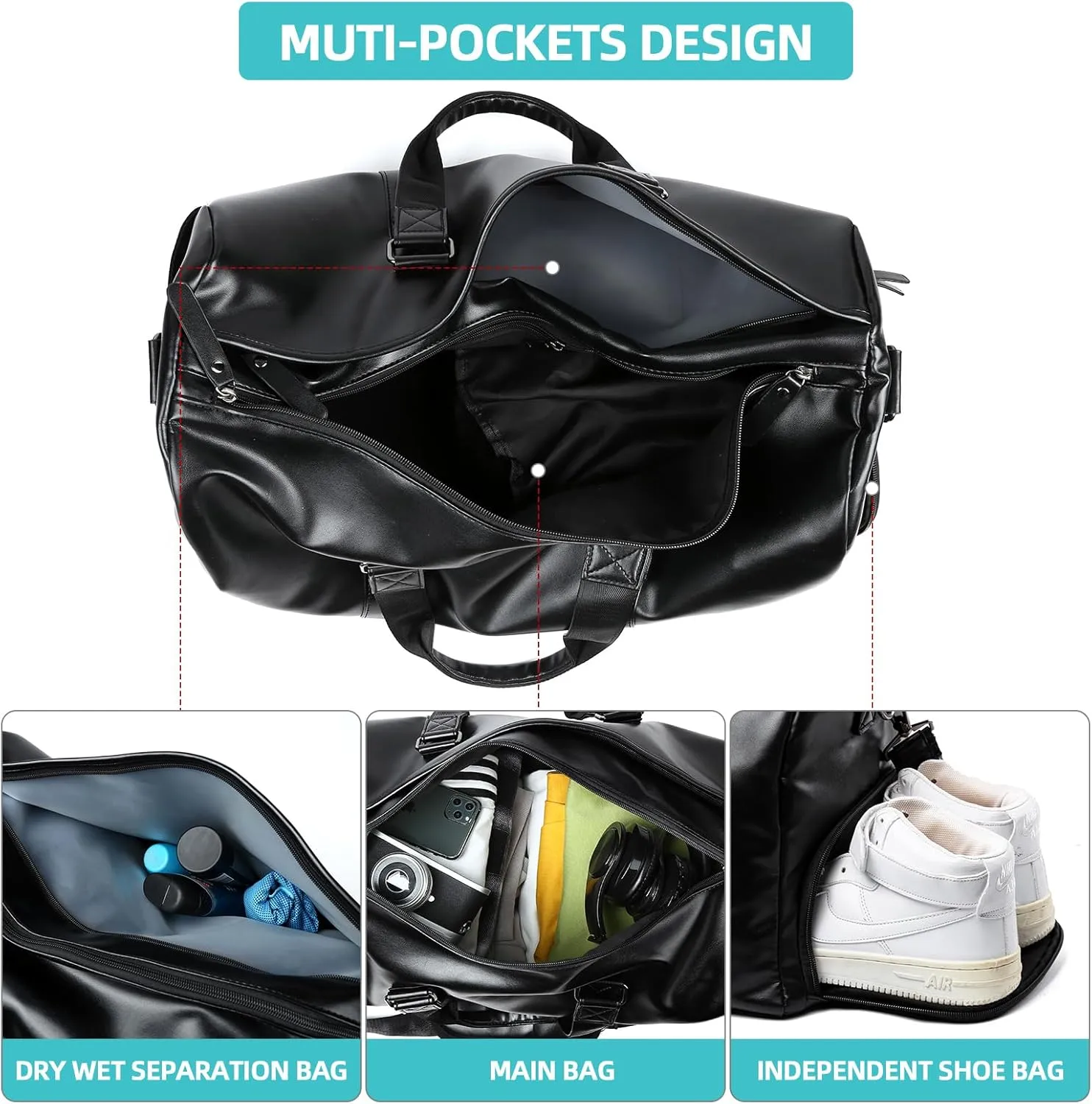 Large Leather Duffel Bag Men Women Travel Gym Sports Bag with Shoe Compartment Weekend Travel Overnight Weekend Bag with Adjustable Shoulder Strap, Black, 30L