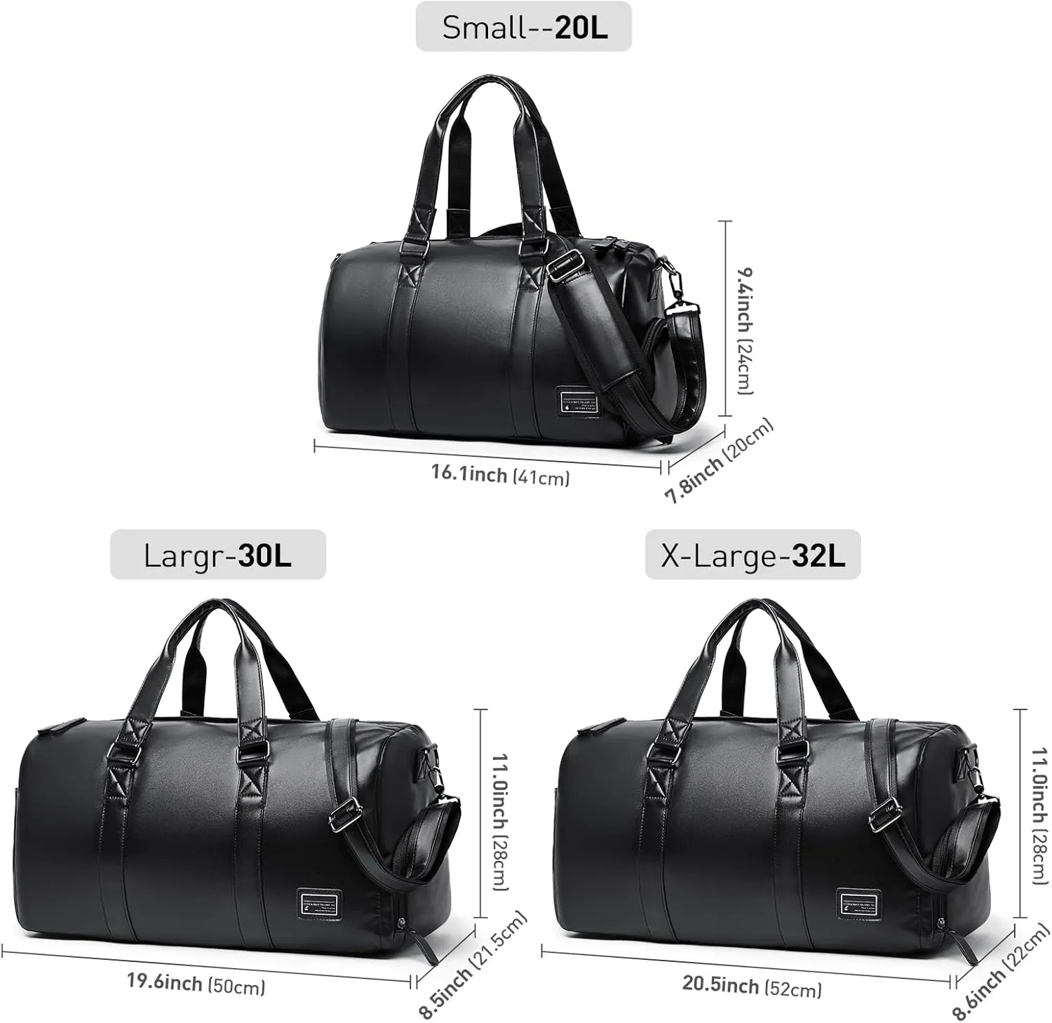 Large Leather Duffel Bag Men Women Travel Gym Sports Bag with Shoe Compartment Weekend Travel Overnight Weekend Bag with Adjustable Shoulder Strap, Black, 30L