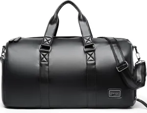 Large Leather Duffel Bag Men Women Travel Gym Sports Bag with Shoe Compartment Weekend Travel Overnight Weekend Bag with Adjustable Shoulder Strap, Black, 30L