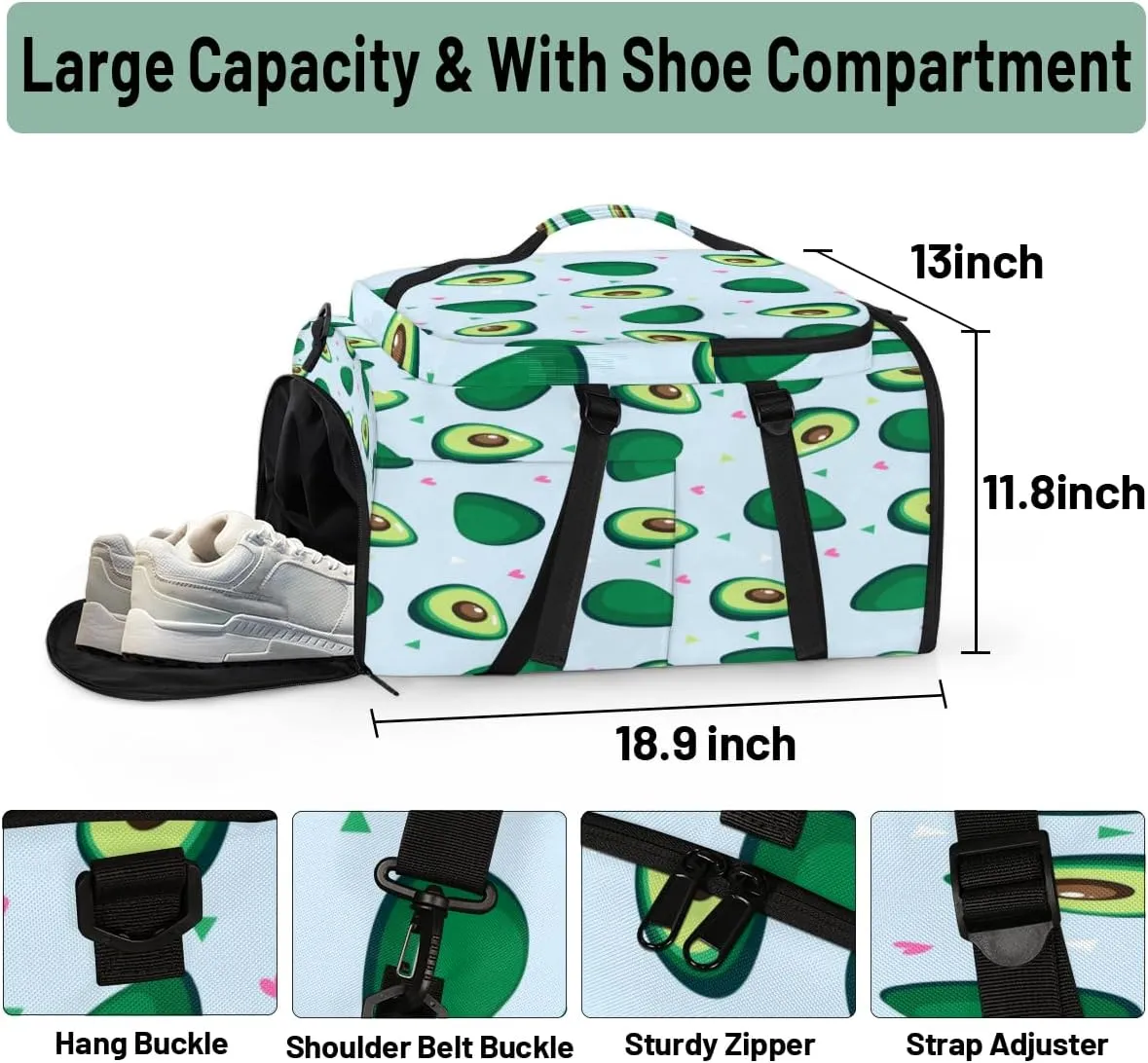 Large Sports Gym Bag With Shoe & Laptop Compartment 47L Waterproof Travel Duffel Bags for Men Women Avocado Theme Luggage Backpack Duffle Bag