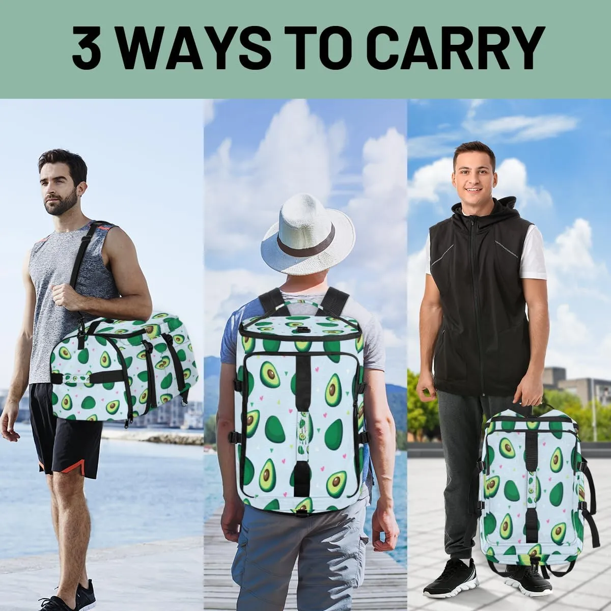 Large Sports Gym Bag With Shoe & Laptop Compartment 47L Waterproof Travel Duffel Bags for Men Women Avocado Theme Luggage Backpack Duffle Bag