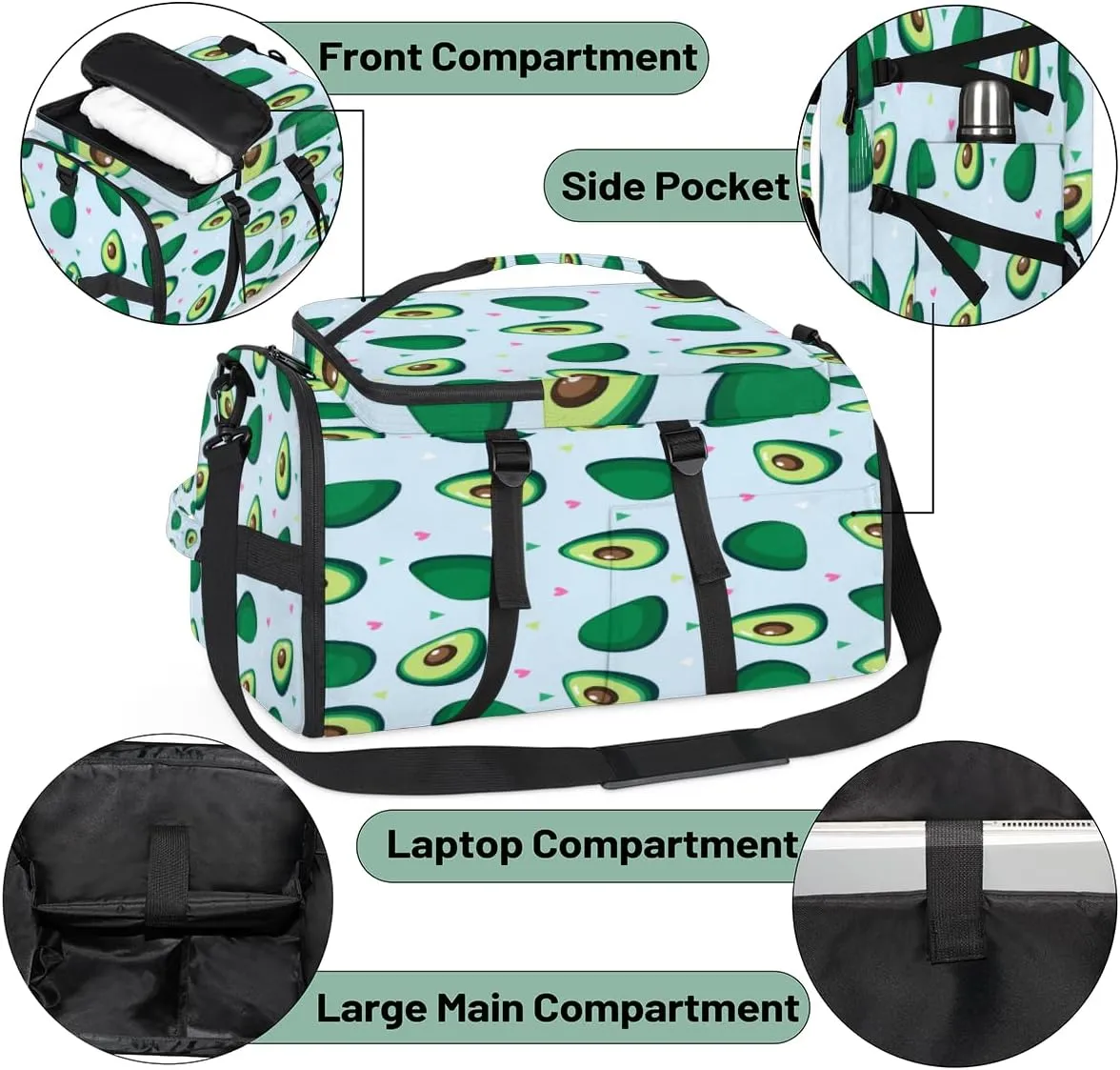 Large Sports Gym Bag With Shoe & Laptop Compartment 47L Waterproof Travel Duffel Bags for Men Women Avocado Theme Luggage Backpack Duffle Bag