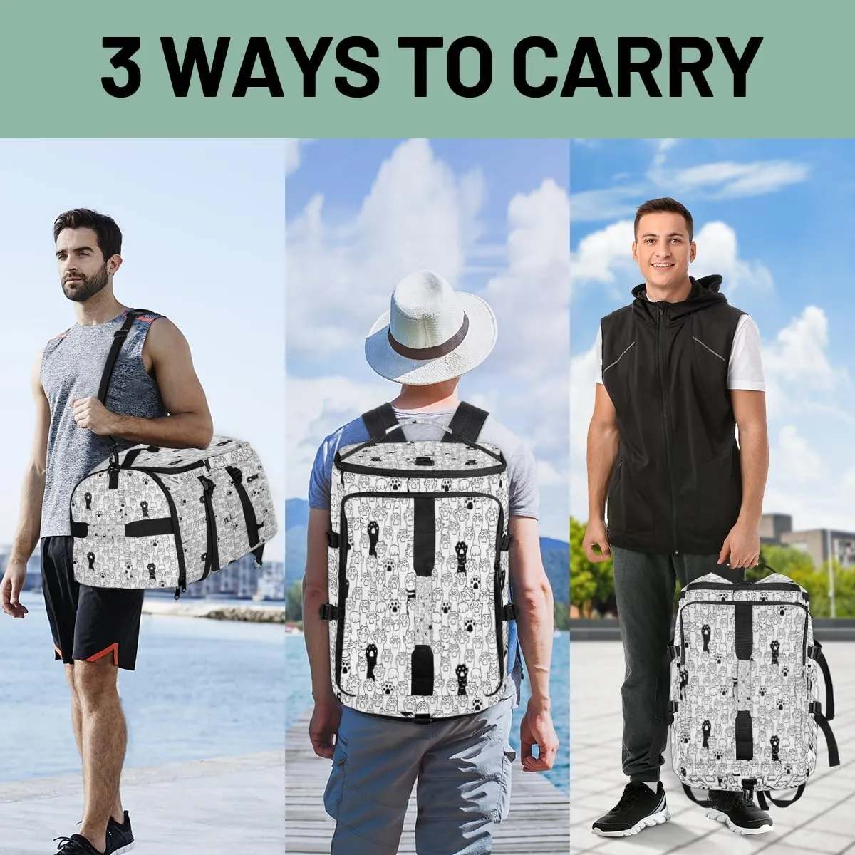 Large Sports Gym Bag With Shoe & Laptop Compartment 47L Waterproof Travel Duffel Bags for Men Women Cat Footprint Luggage Backpack Duffle Bag