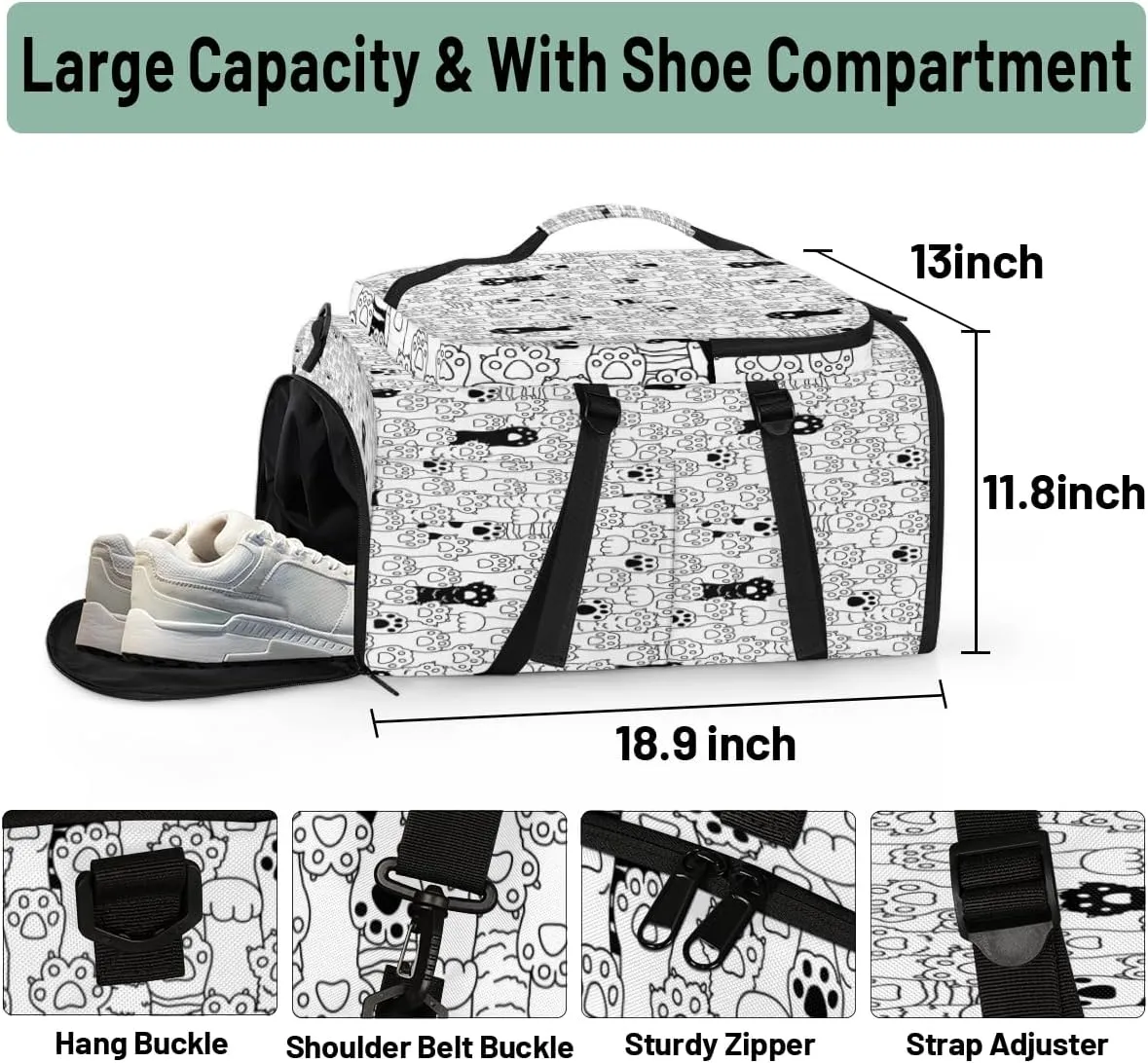 Large Sports Gym Bag With Shoe & Laptop Compartment 47L Waterproof Travel Duffel Bags for Men Women Cat Footprint Luggage Backpack Duffle Bag