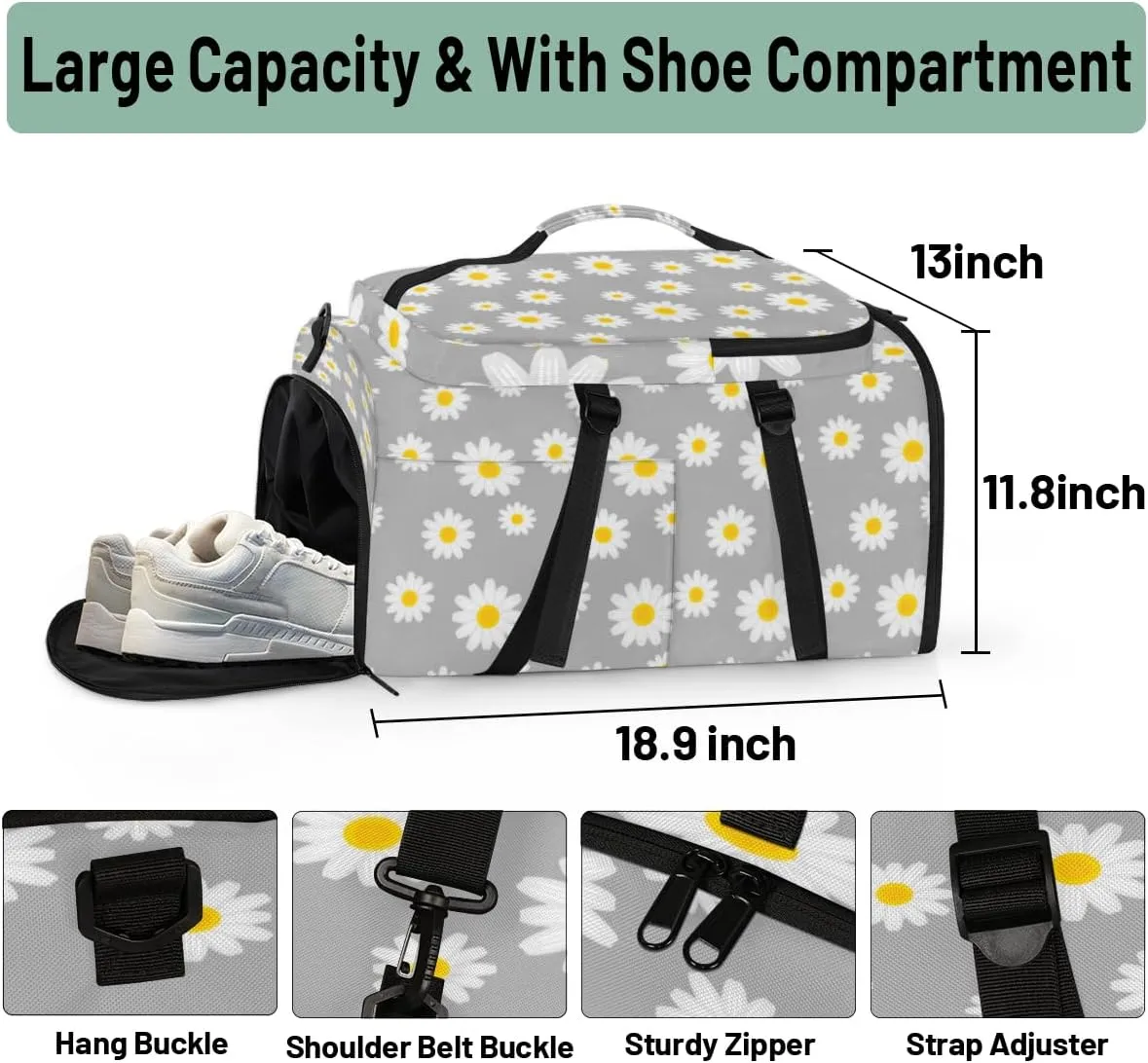 Large Sports Gym Bag With Shoe & Laptop Compartment 47L Waterproof Travel Duffel Bags for Men Women Cute Daisy Flower Pattern Luggage Backpack Duffle Bag