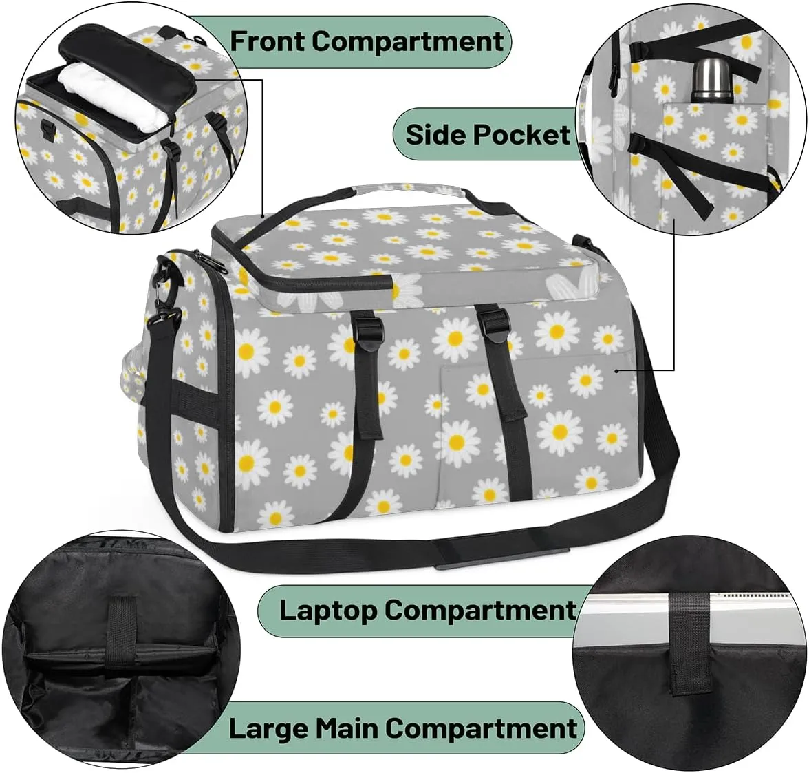 Large Sports Gym Bag With Shoe & Laptop Compartment 47L Waterproof Travel Duffel Bags for Men Women Cute Daisy Flower Pattern Luggage Backpack Duffle Bag