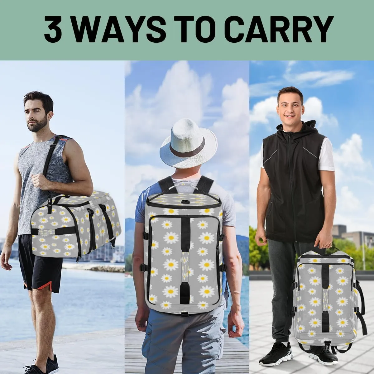 Large Sports Gym Bag With Shoe & Laptop Compartment 47L Waterproof Travel Duffel Bags for Men Women Cute Daisy Flower Pattern Luggage Backpack Duffle Bag