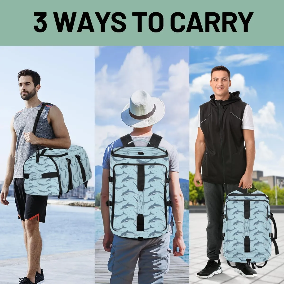 Large Sports Gym Bag With Shoe & Laptop Compartment 47L Waterproof Travel Duffel Bags for Men Women Dolphin Print Luggage Backpack Duffle Bag